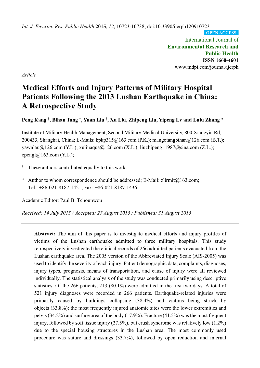 Medical Efforts and Injury Patterns of Military Hospital Patients Following the 2013 Lushan Earthquake in China: a Retrospective Study