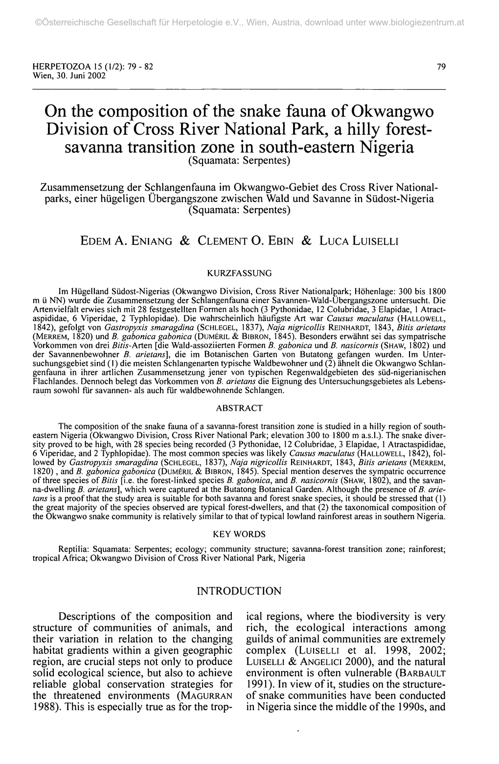 On the Composition of the Snake Fauna of Okwangwo Division of Cross