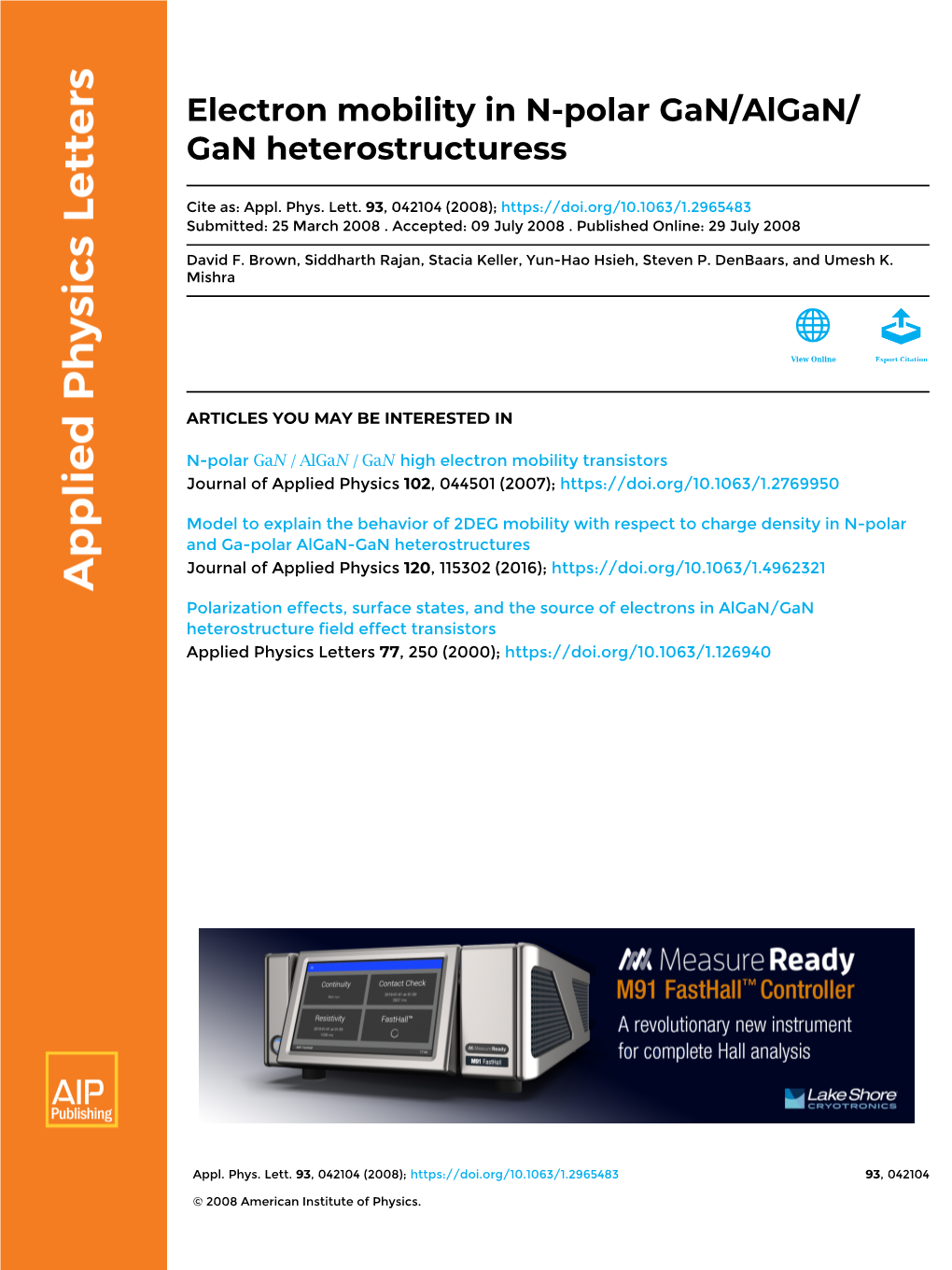 Electron Mobility in N-Polar Gan/Algan/Gan Heterostructuress ͒ David F