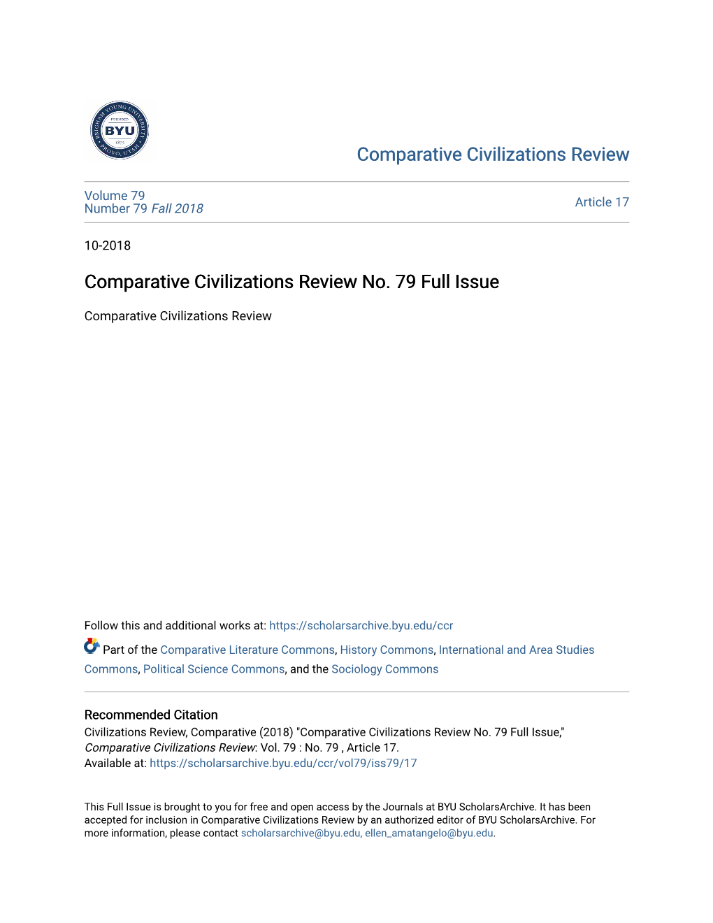 Comparative Civilizations Review No. 79 Full Issue