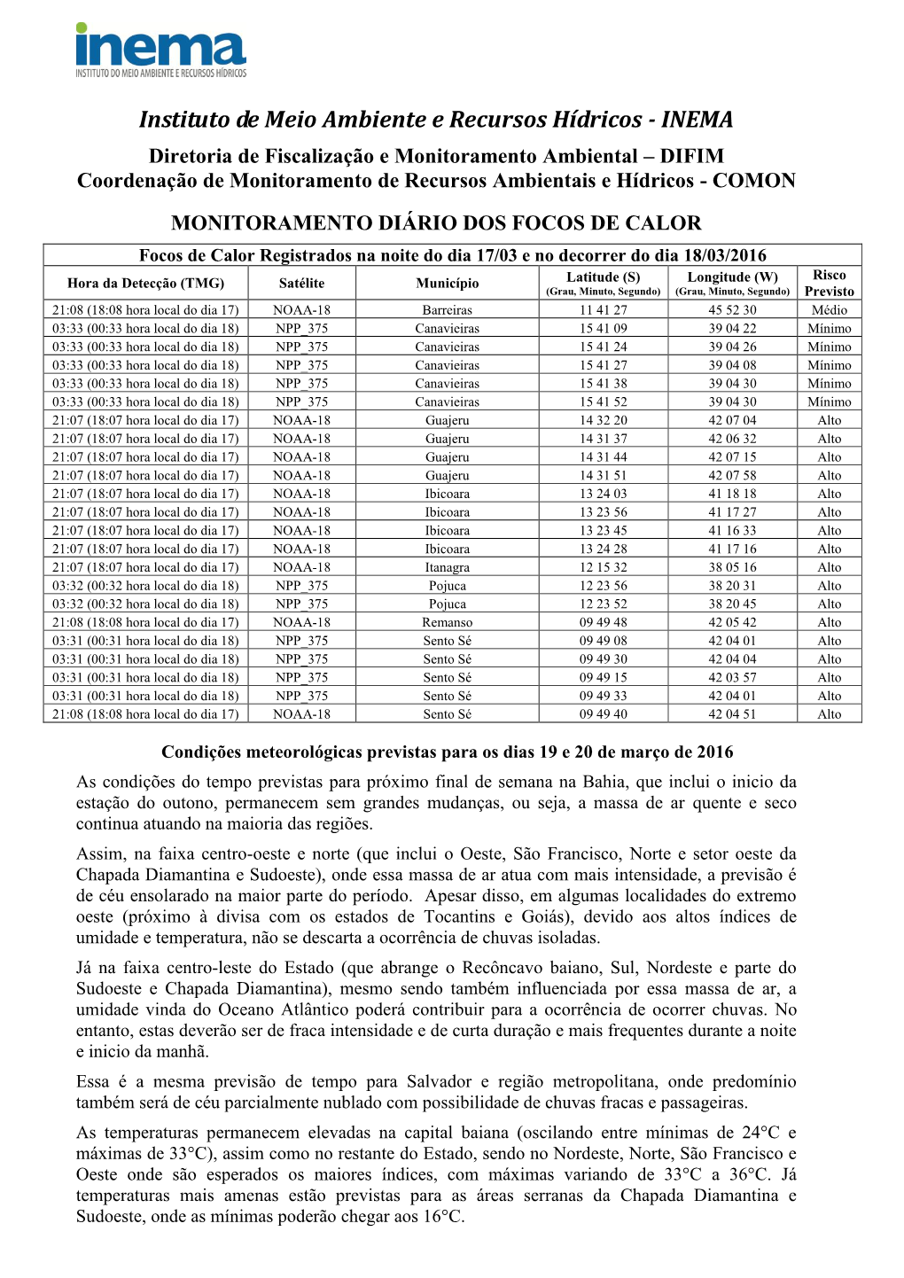 Diretoria De Fiscalização E Monitoramento Ambiental – DIFIM Coordenação De Monitoramento De Recursos Ambientais E Hídricos - COMON