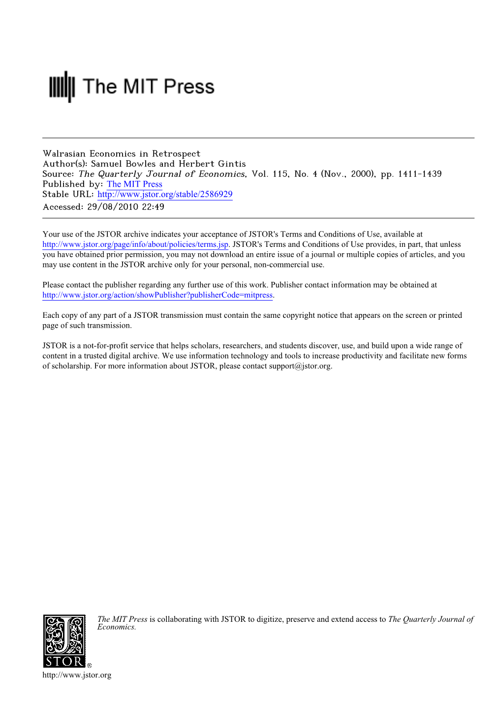 Walrasian Economics in Retrospect Author(S): Samuel Bowles and Herbert Gintis Source: the Quarterly Journal of Economics, Vol