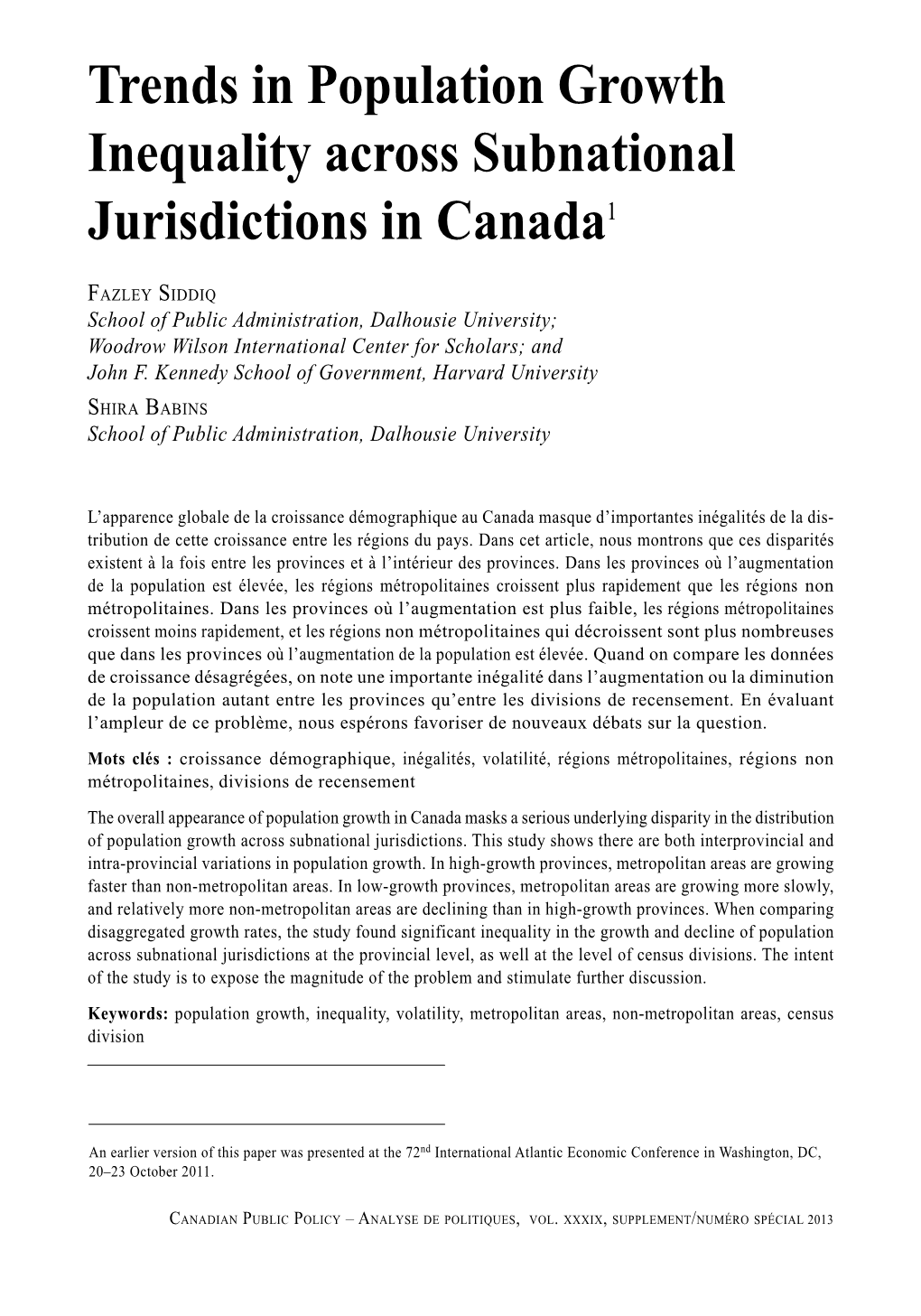 Trends in Population Growth Inequality Across Subnational Jurisdictions in Canada S43 Municipal Services Between Towns