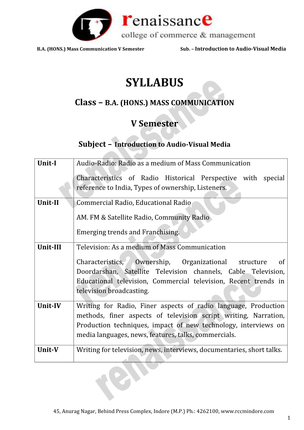 BA (HONS.) MASS COMMUNICATION V Semester