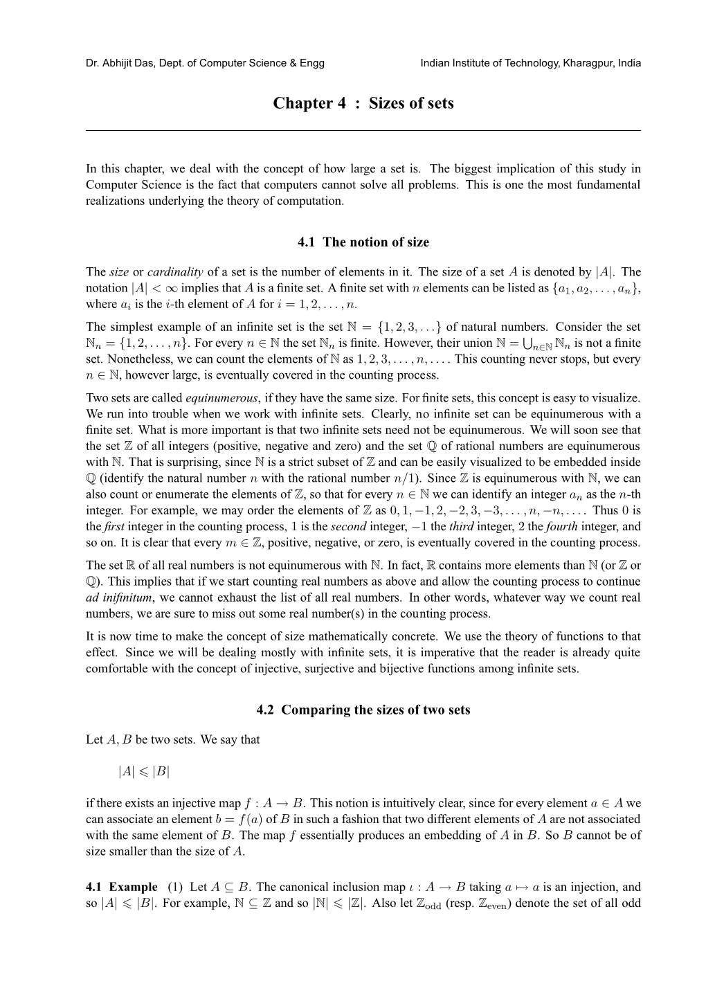 Chapter 4 : Sizes of Sets