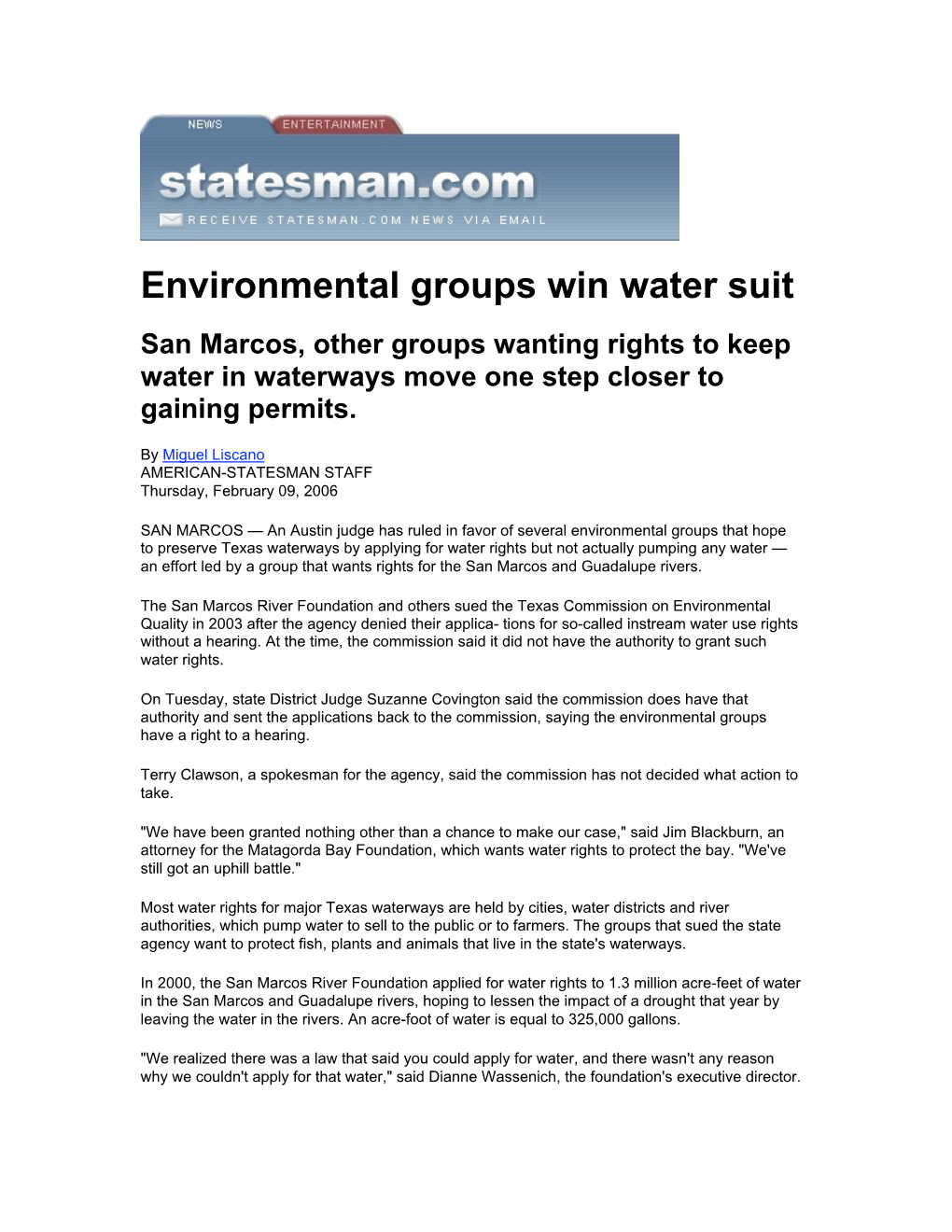 Environmental Groups Win Water Suit San Marcos, Other Groups Wanting Rights to Keep Water in Waterways Move One Step Closer to Gaining Permits