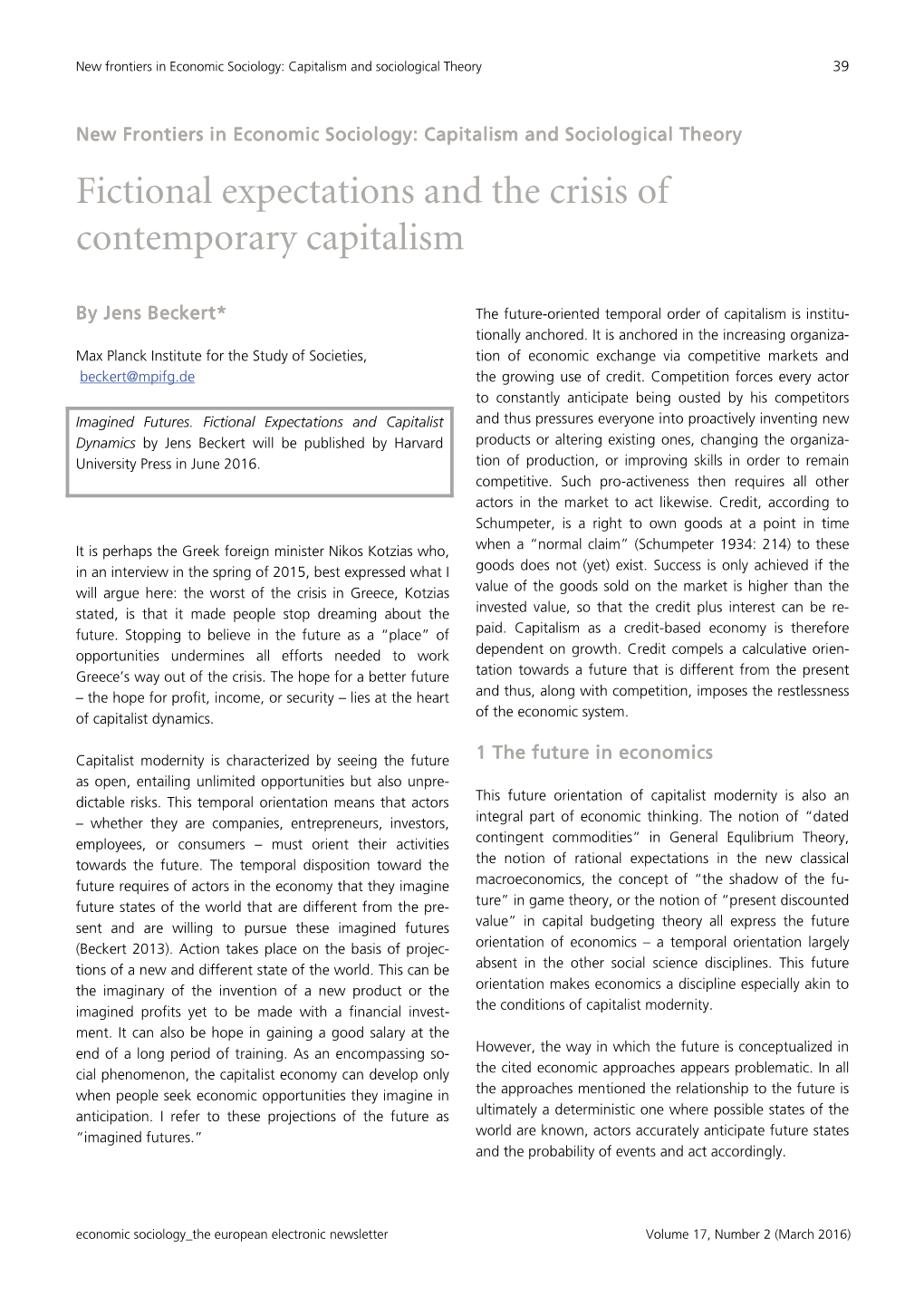 Fictional Expectations and the Crisis of Contemporary Capitalism