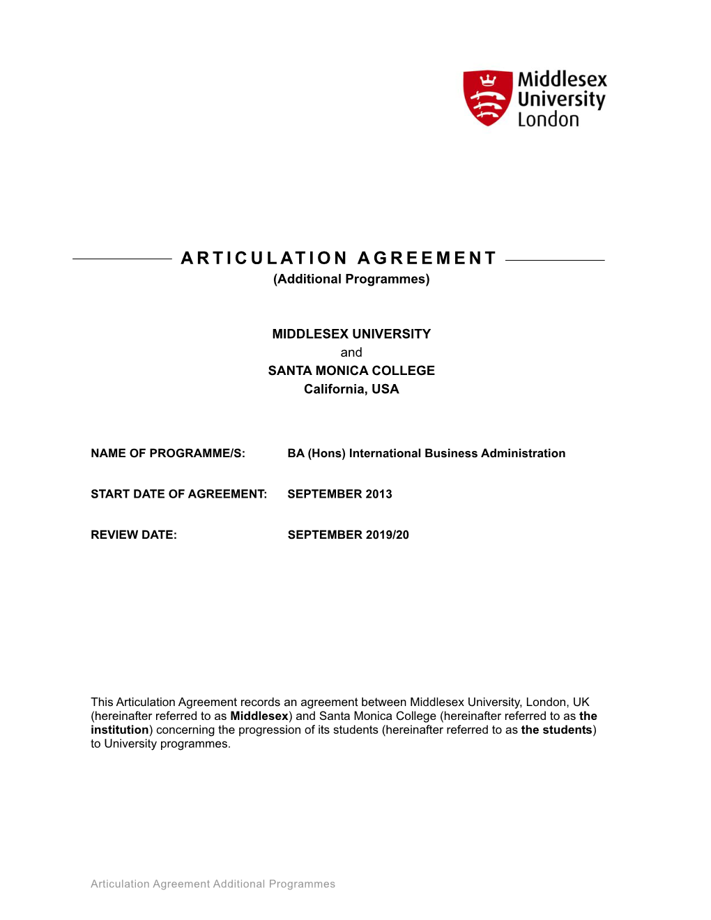 ARTICULATION AGREEMENT (Additional Programmes)