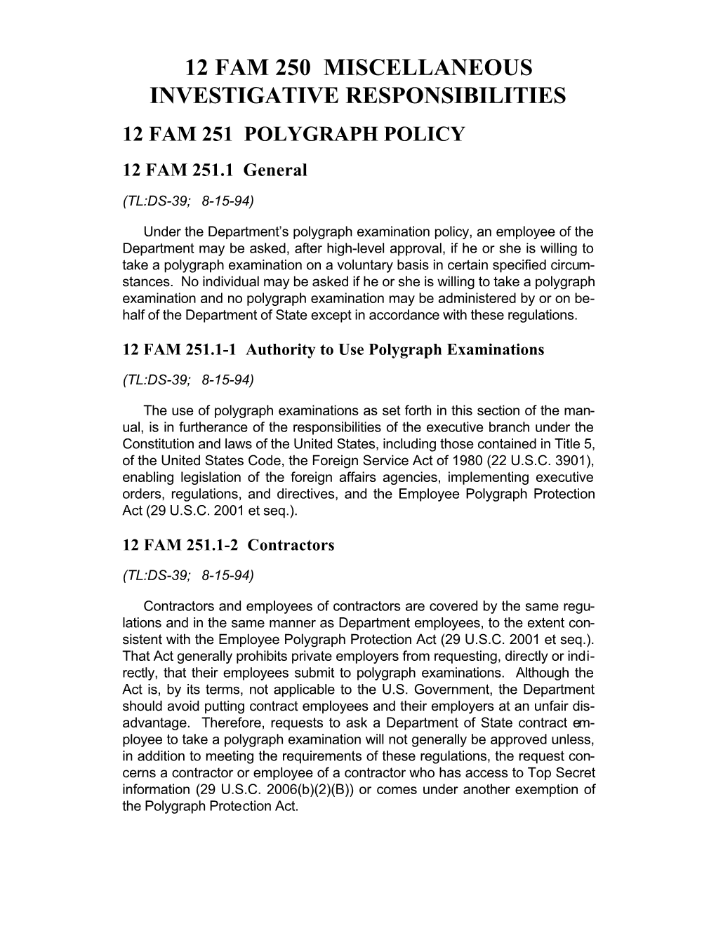 Department of State Foreign Affairs Manual on Polygraph Testing