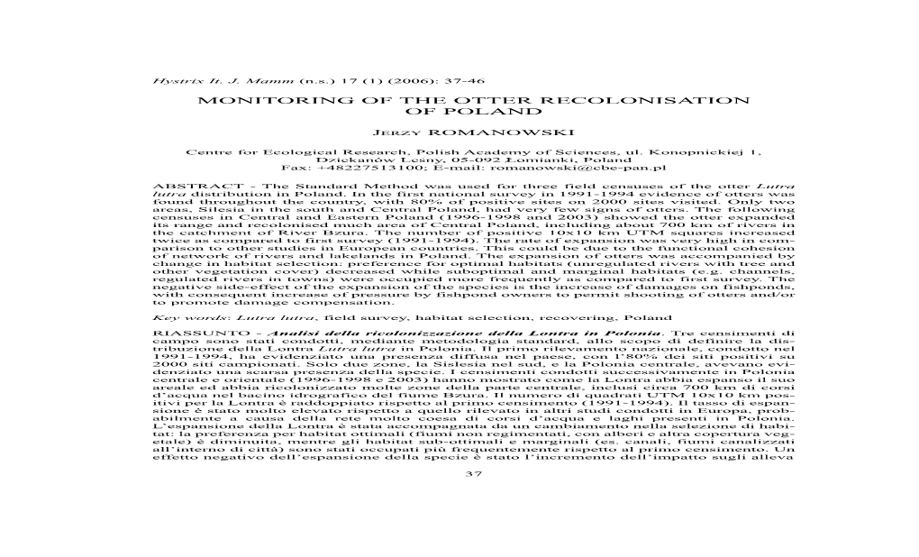 Monitoring of the Otter Recolonisation of Poland