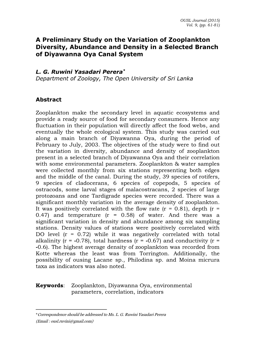 A Preliminary Study on the Variation of Zooplankton Diversity, Abundance and Density in a Selected Branch of Diyawanna Oya Canal System