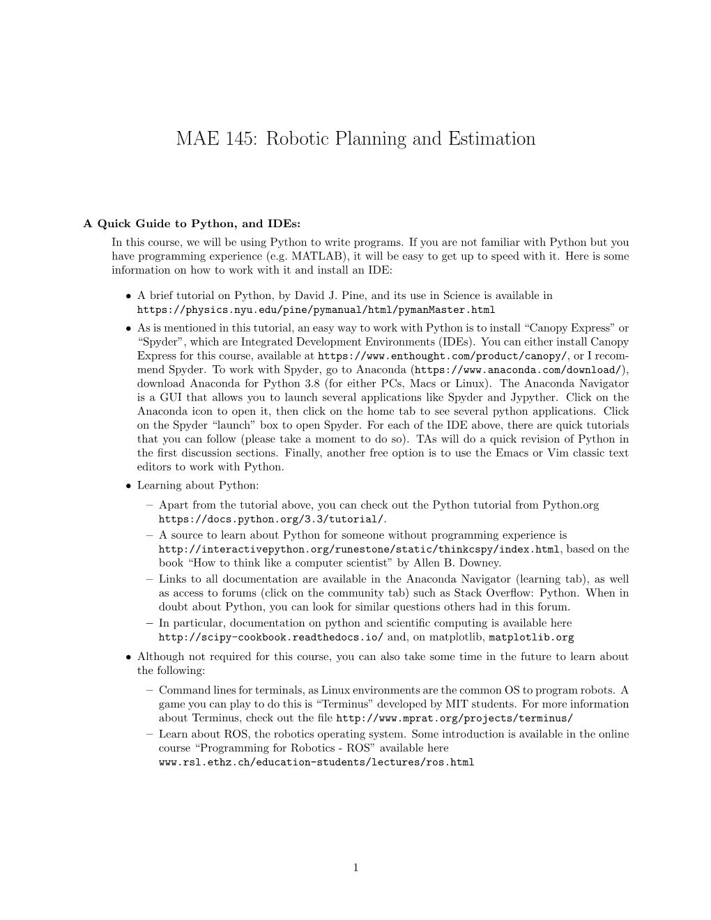 MAE 145: Robotic Planning and Estimation