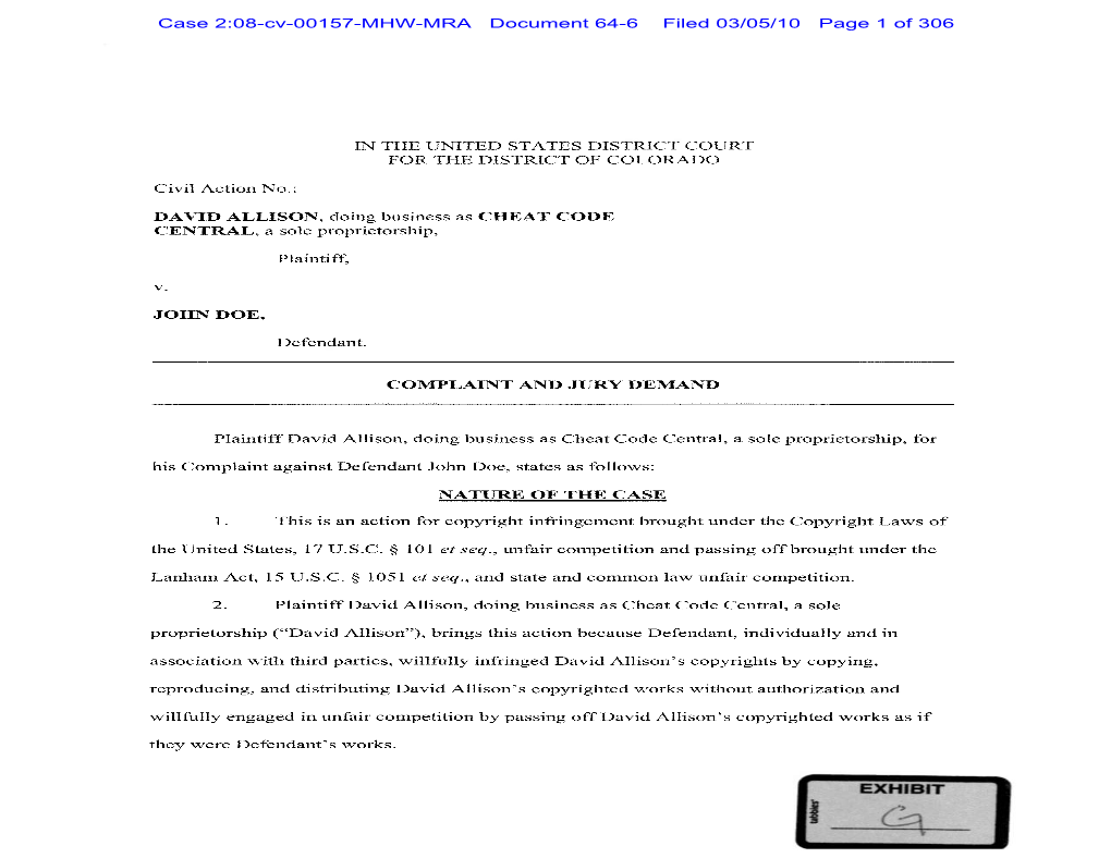 Case 2:08-Cv-00157-MHW-MRA Document 64-6 Filed 03/05/10 Page 1 of 306 Case 2:08-Cv-00157-MHW-MRA Document 64-6 Filed 03/05/10 Page 2 of 306