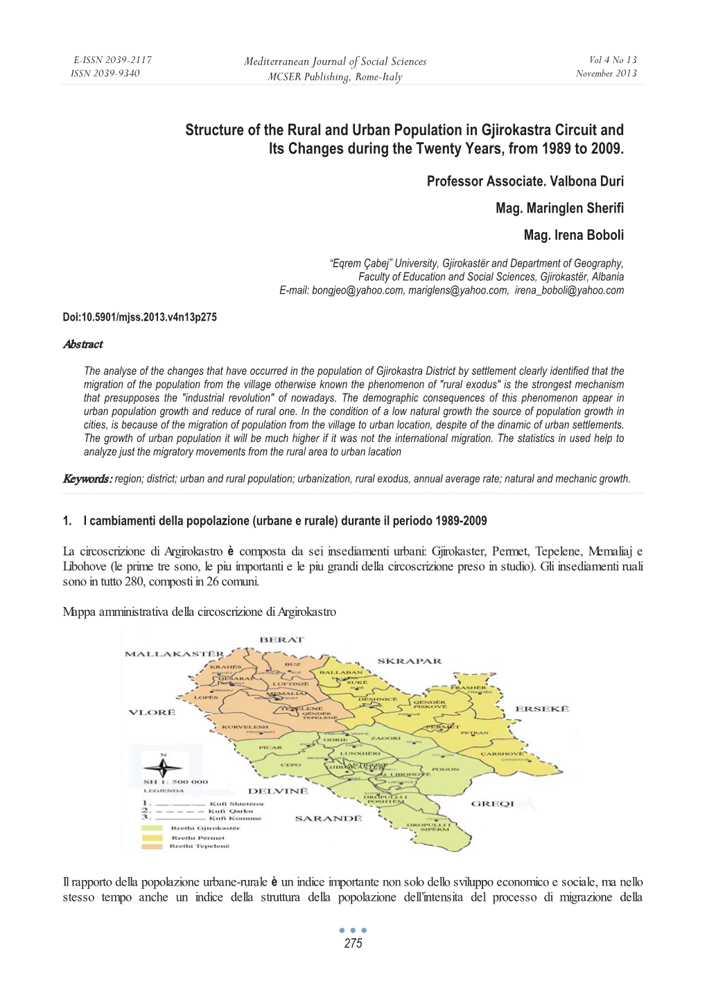 Structure of the Rural and Urban Population in Gjirokastra Circuit and Its Changes During the Twenty Years, from 1989 to 2009