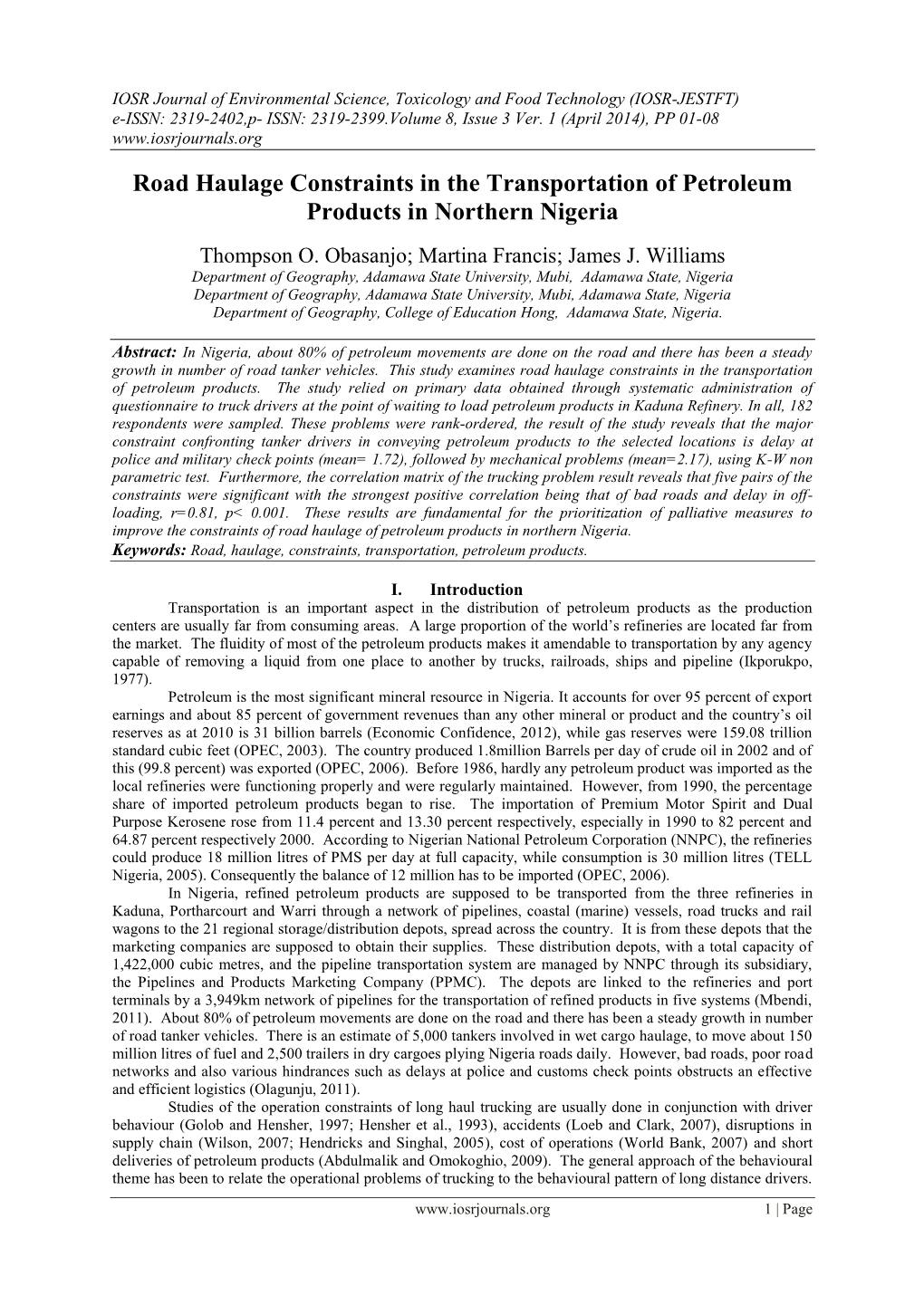 Road Haulage Constraints in the Transportation of Petroleum Products in Northern Nigeria