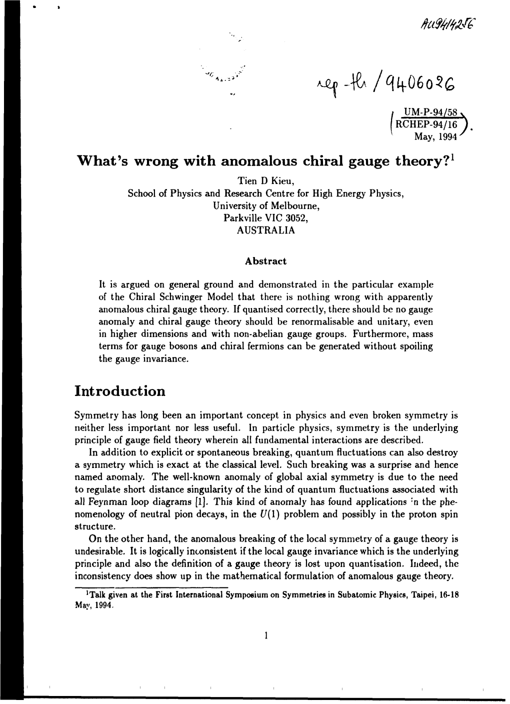 What's Wrong with Anomalous Chiral Gauge Theory?1 Introduction