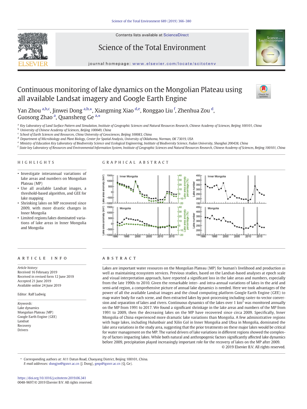 Continuous Monitoring of Lake Dynamics on the Mongolian Plateau Using All Available Landsat Imagery and Google Earth Engine