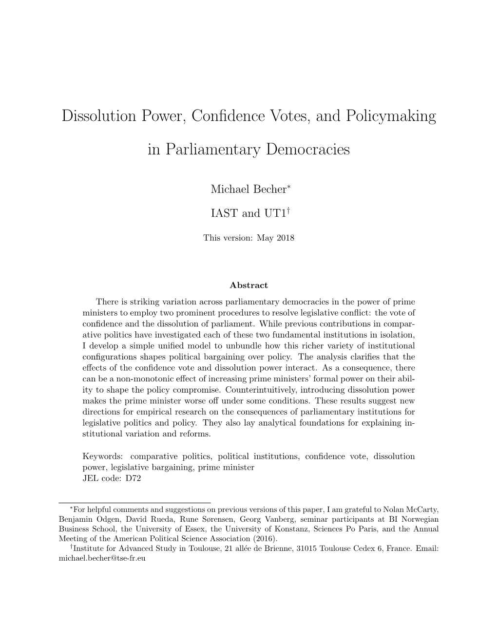 Dissolution Power, Confidence Votes, and Policymaking in Parliamentary