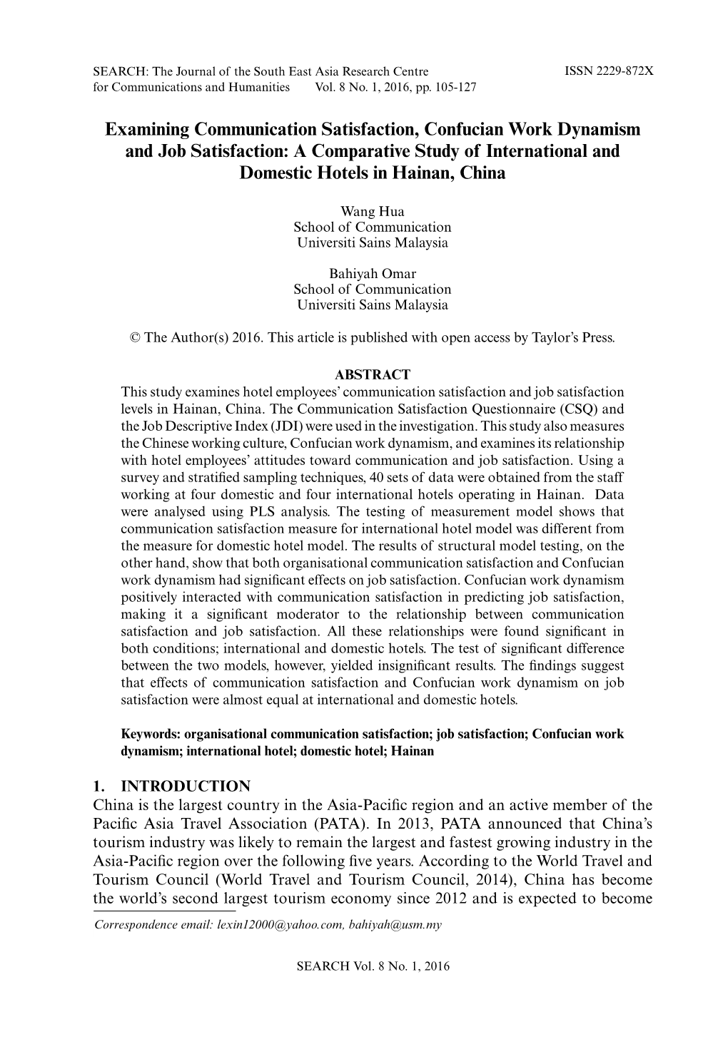 Examining Communication Satisfaction, Confucian Work Dynamism and Job Satisfaction: a Comparative Study of International and Domestic Hotels in Hainan, China