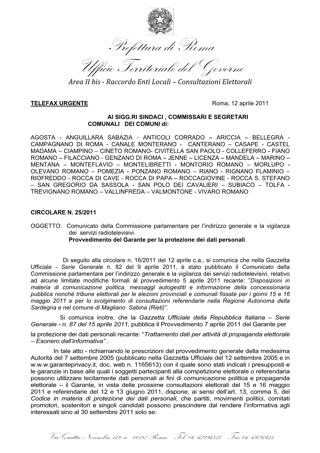 Prefettura Di Roma Ufficio Territoriale Del Governo Area II Bis ­ Raccordo Enti Locali – Consultazioni Elettorali