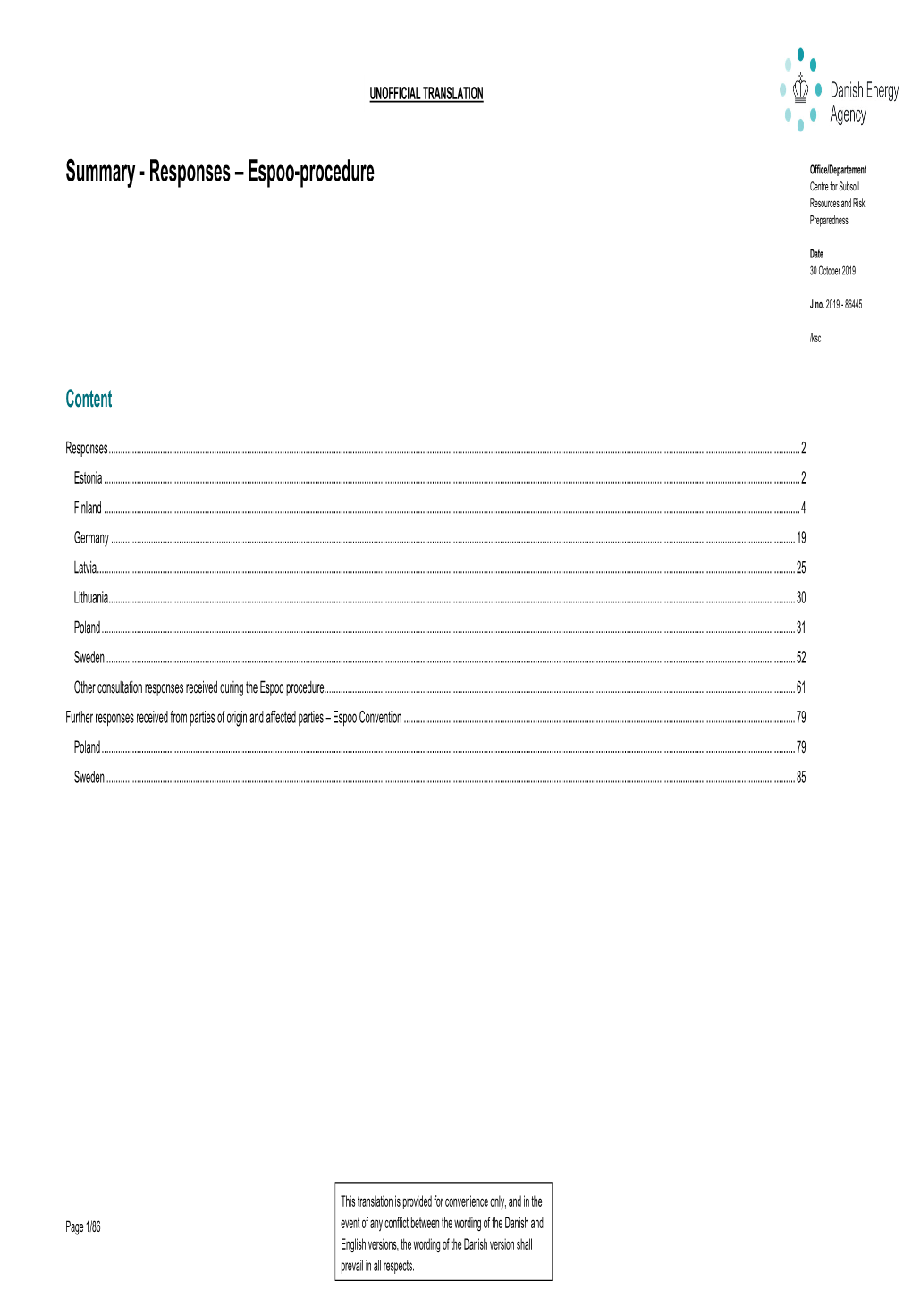 Summary - Responses – Espoo-Procedure Centre for Subsoil Resources and Risk Preparedness