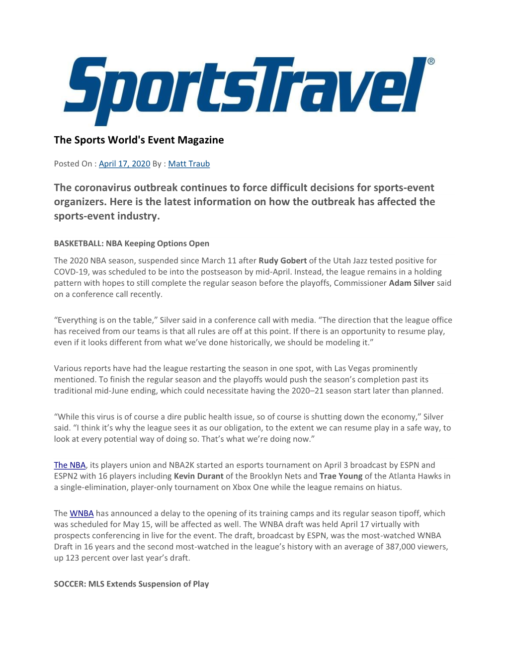 The Sports World's Event Magazine the Coronavirus Outbreak Continues