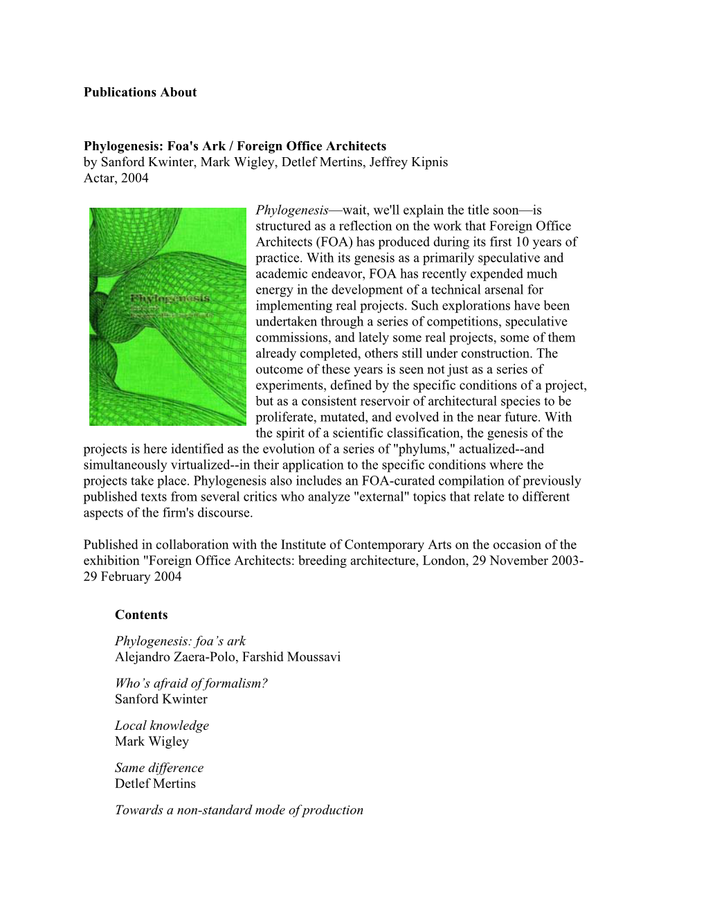 Publications About Phylogenesis: Foa's Ark / Foreign Office
