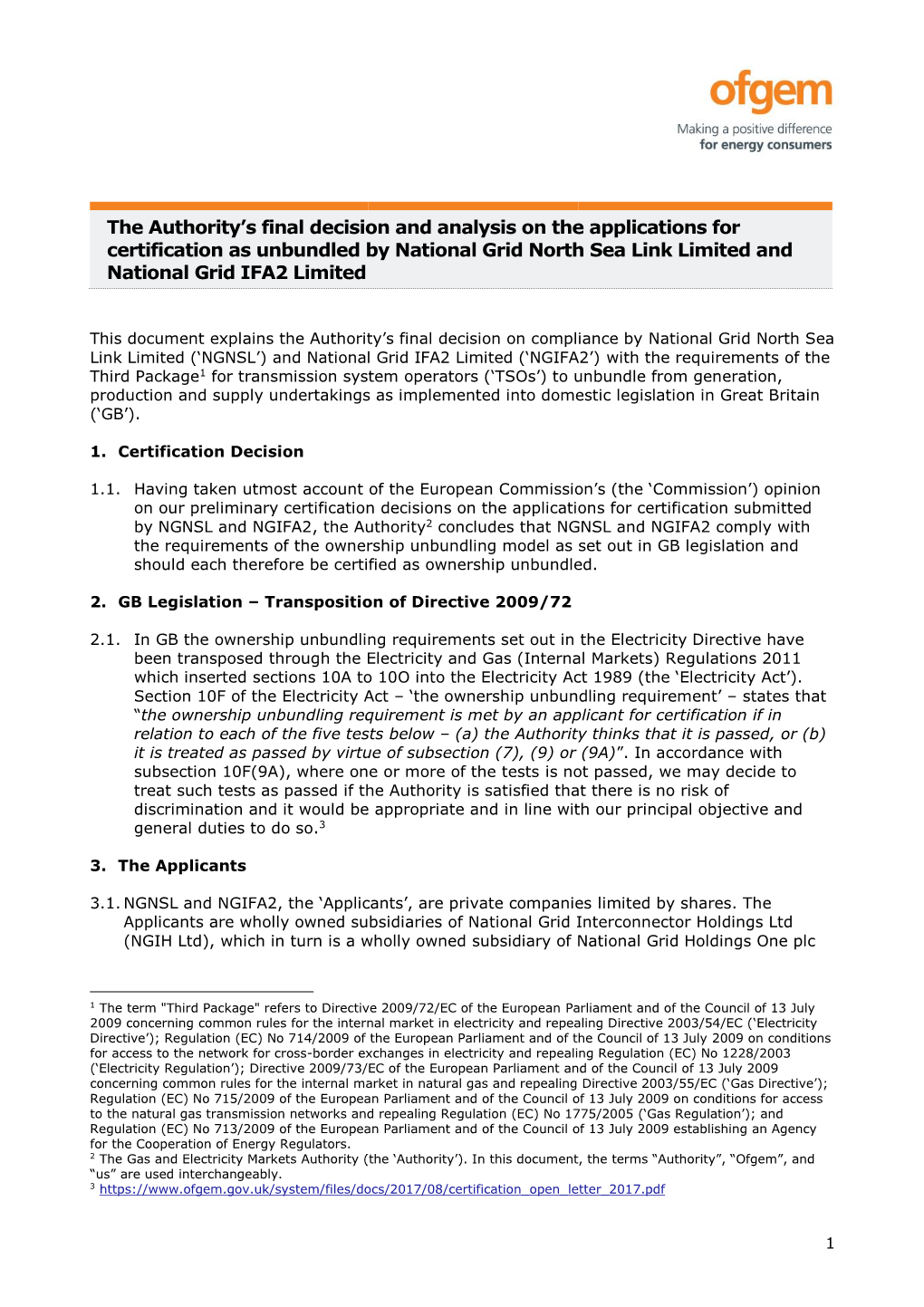 Summary of Certification Decision – Supporting Analysis