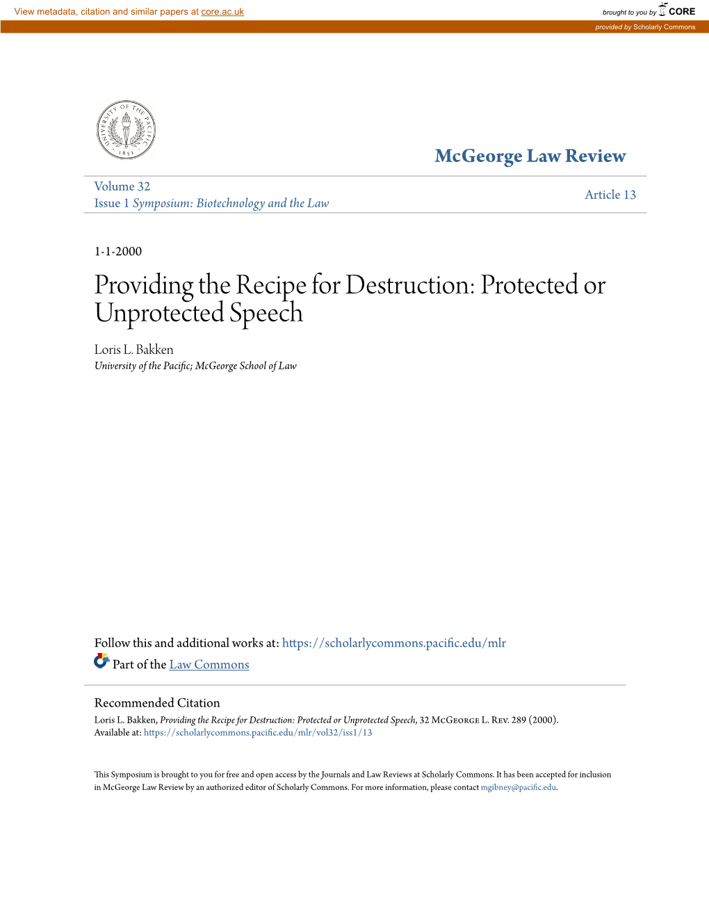 Providing the Recipe for Destruction: Protected Or Unprotected Speech Loris L