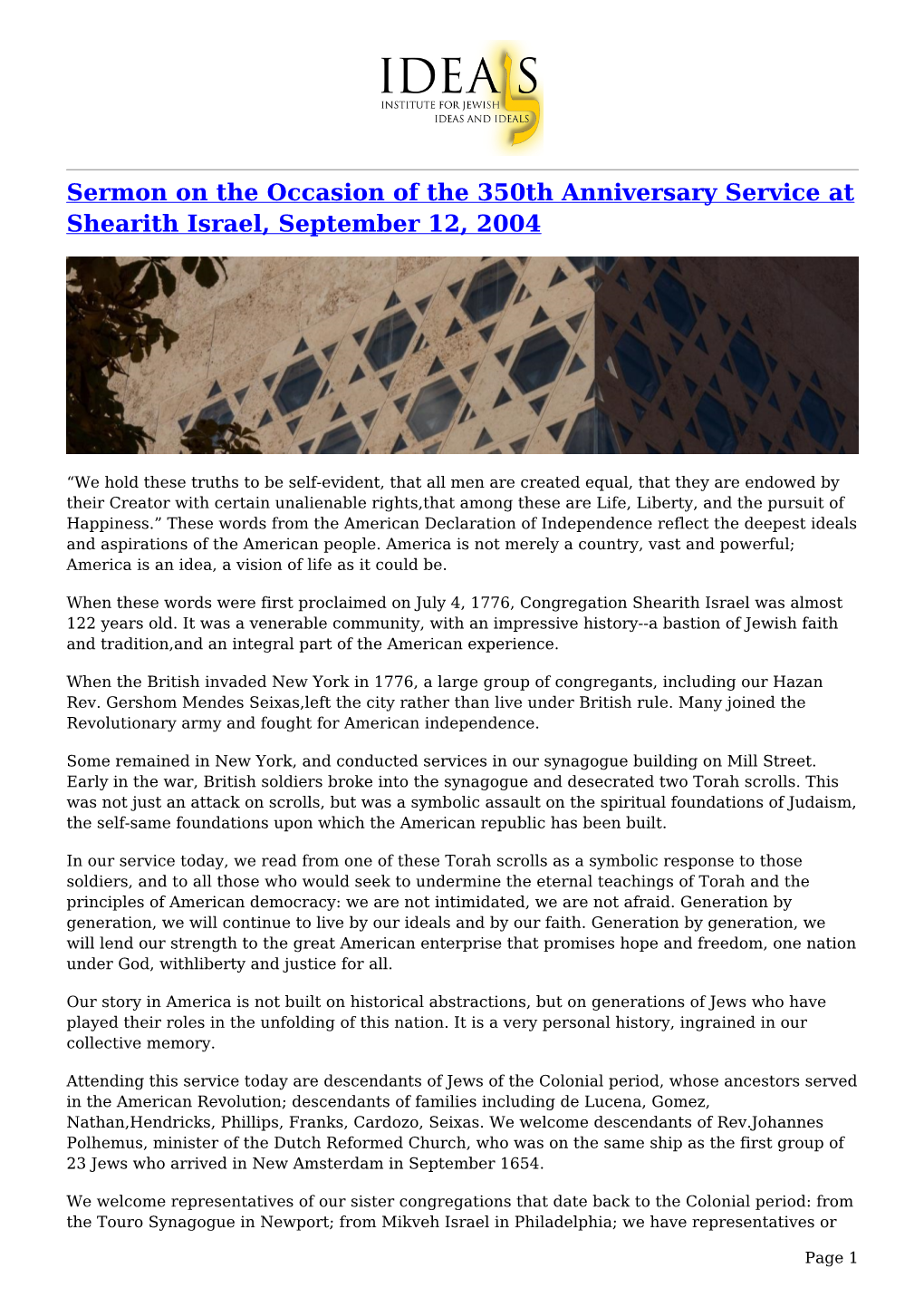 Sermon on the Occasion of the 350Th Anniversary Service at Shearith Israel, September 12, 2004