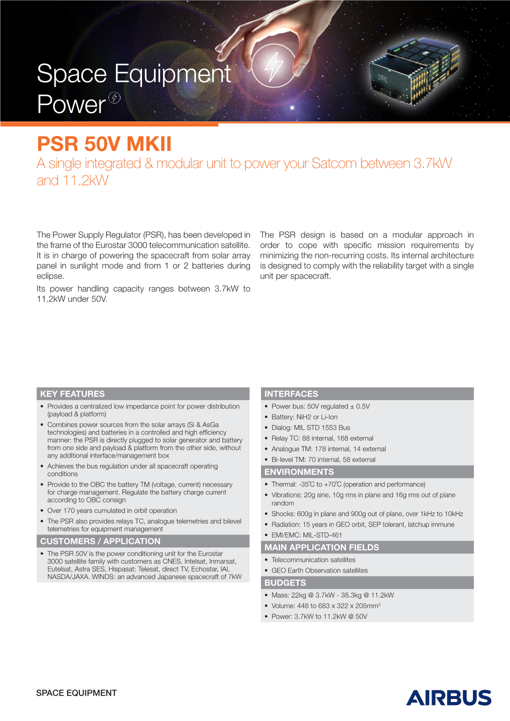 Space Equipment Power PSR 50V MKII a Single Integrated & Modular Unit to Power Your Satcom Between 3.7Kw and 11.2Kw