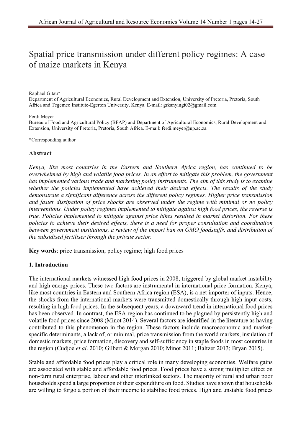 Spatial Price Transmission Under Different Policy Regimes: a Case of Maize Markets in Kenya