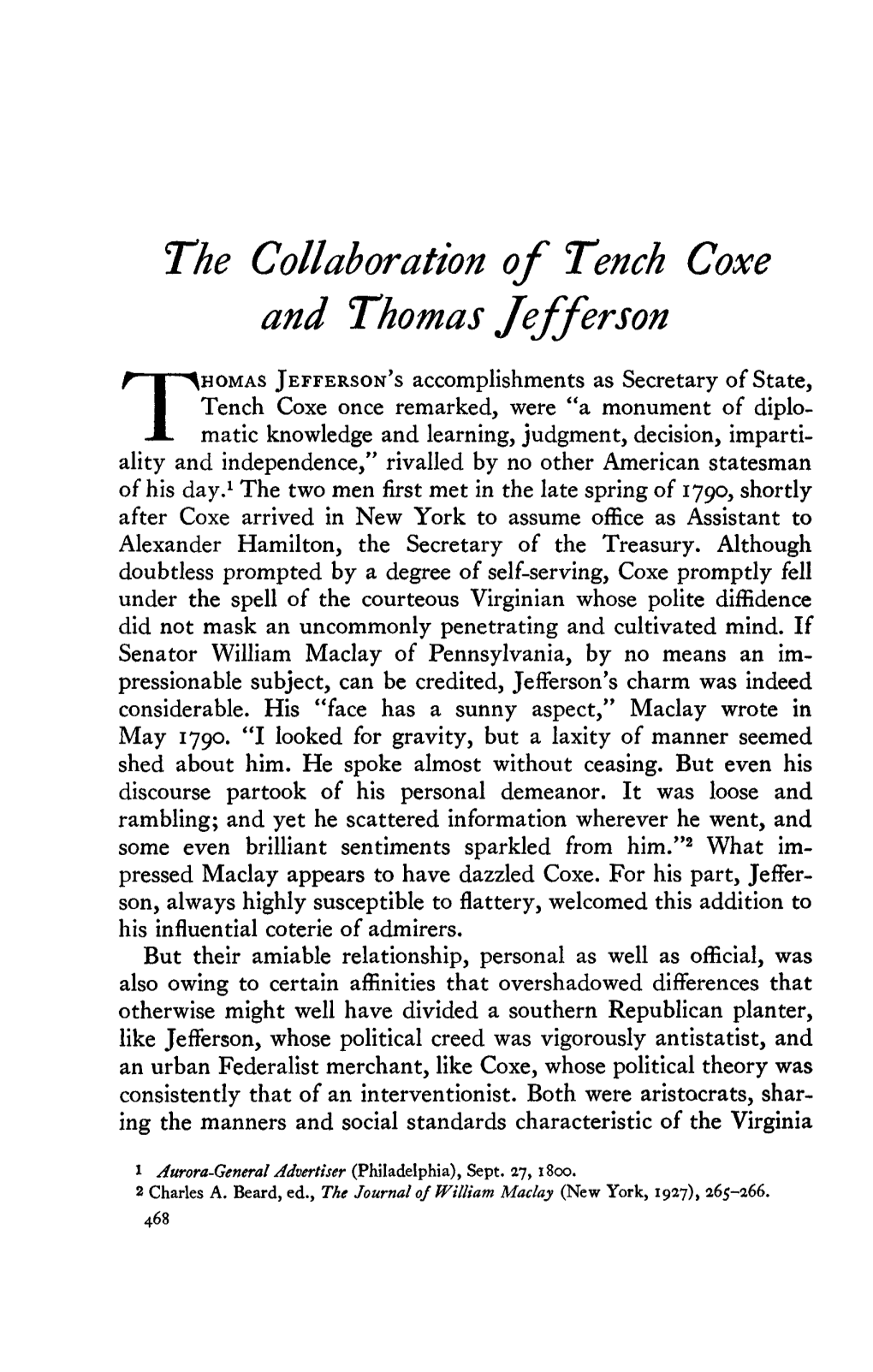 The Collaboration of Tench Coxe and Thomas Jeff Erson