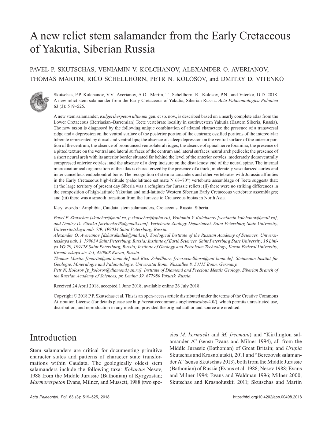 A New Relict Stem Salamander from the Early Cretaceous of Yakutia, Siberian Russia