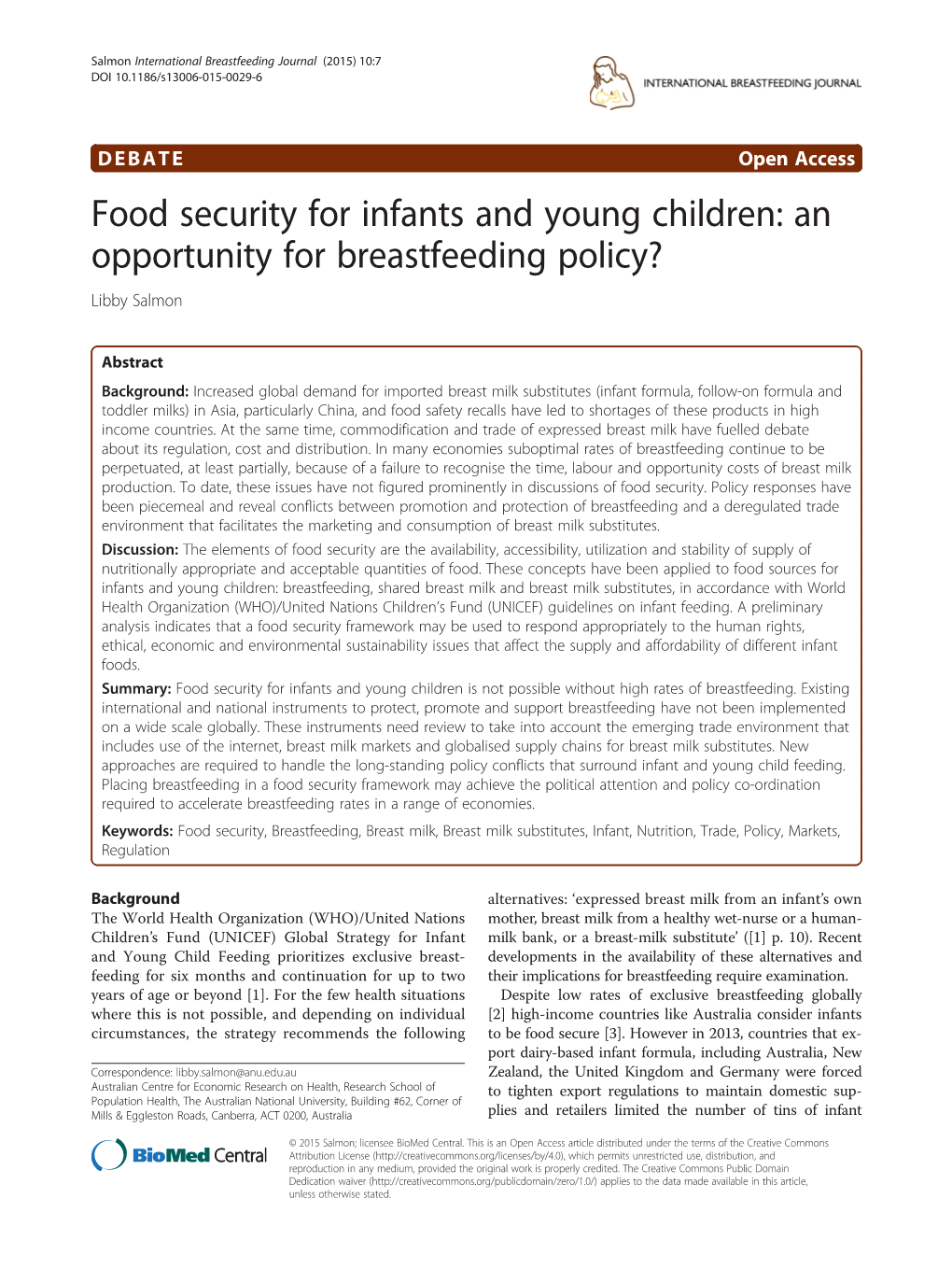 Food Security for Infants and Young Children: an Opportunity for Breastfeeding Policy? Libby Salmon