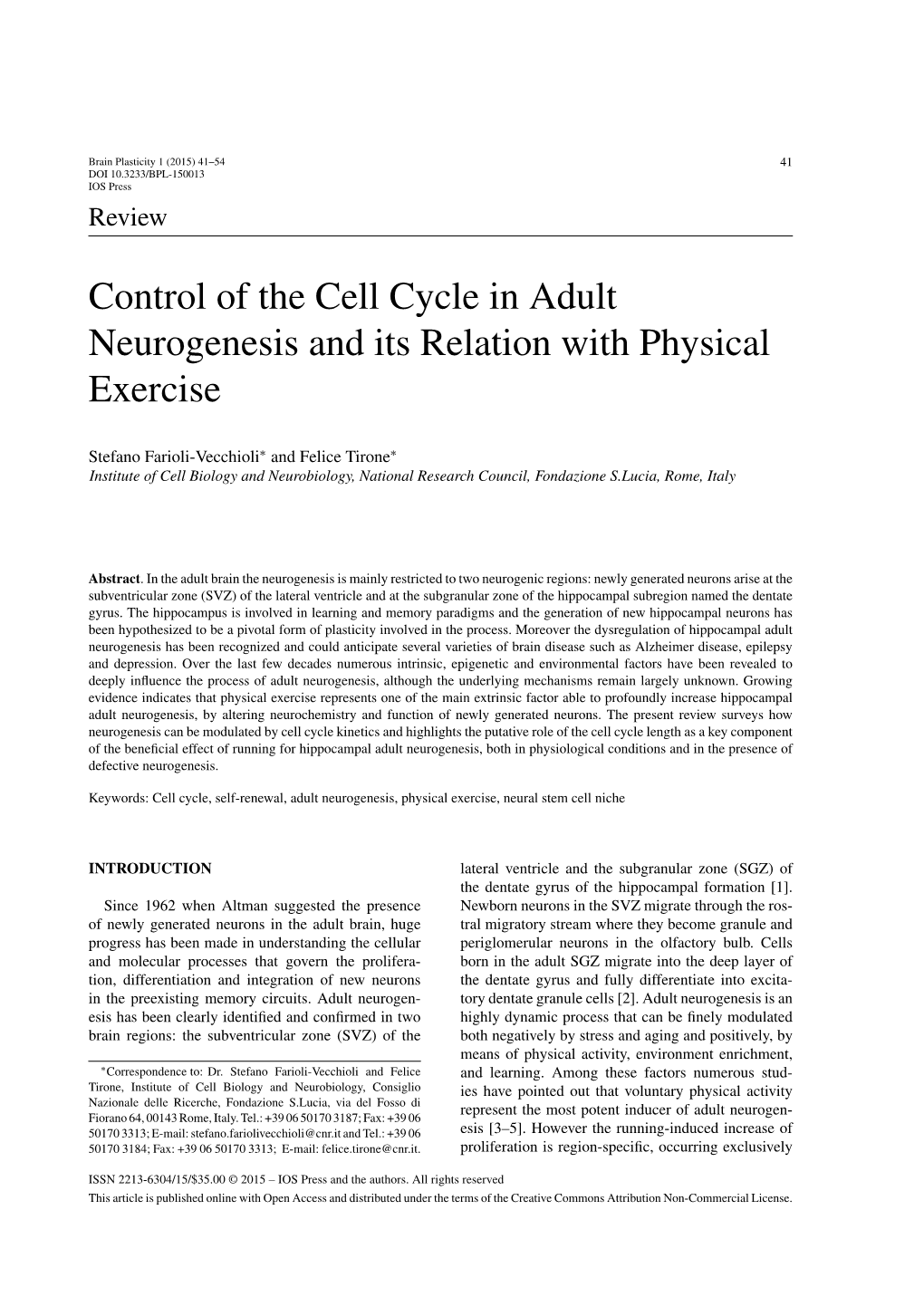 Control of the Cell Cycle in Adult Neurogenesis and Its Relation with Physical Exercise