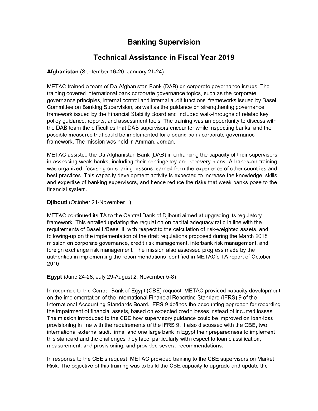 Banking Supervision Technical Assistance in Fiscal Year 2019