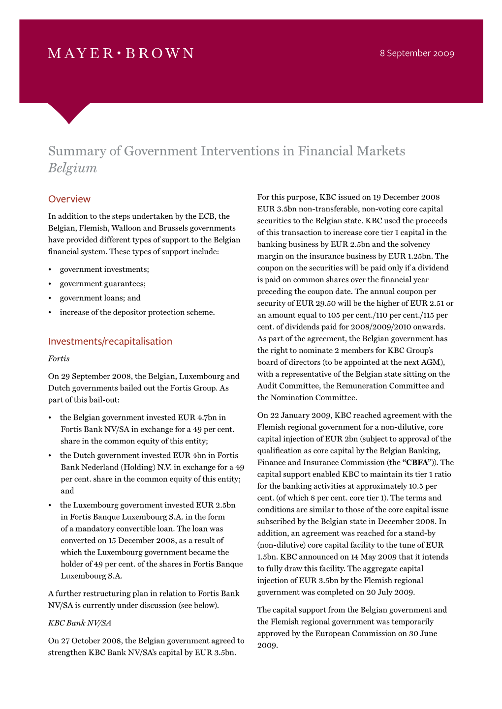 Summary of Government Interventions in Financial Markets Belgium