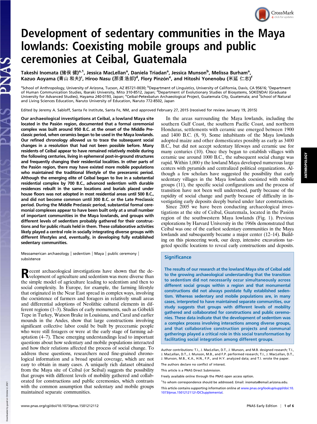 Development of Sedentary Communities in the Maya Lowlands: Coexisting Mobile Groups and Public Ceremonies at Ceibal, Guatemala