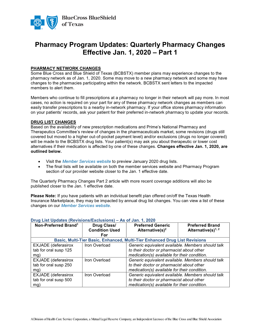Quarterly Pharmacy Changes Effective Jan. 1, 2020 – Part 1