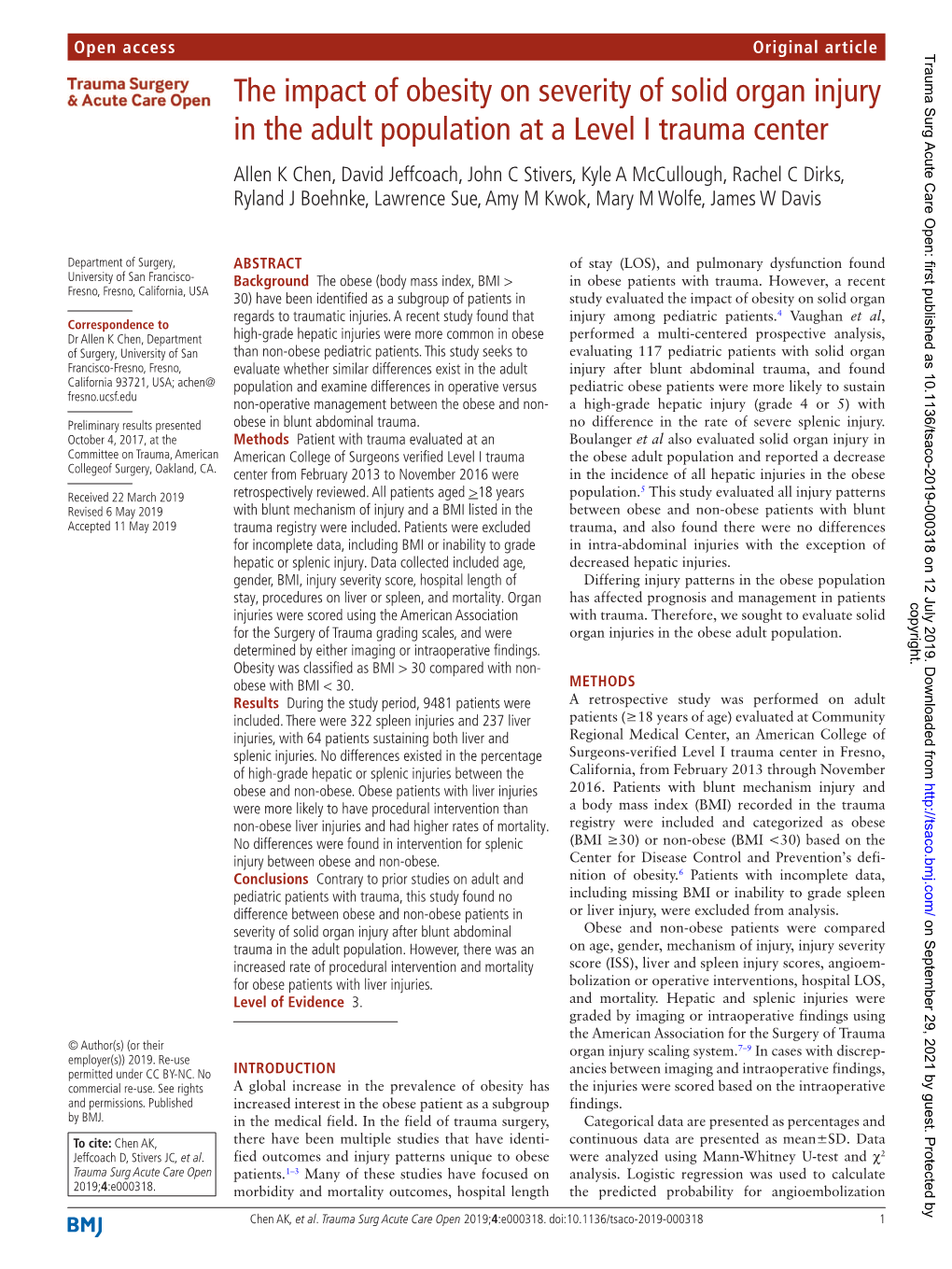 The Impact of Obesity on Severity of Solid Organ Injury in the Adult