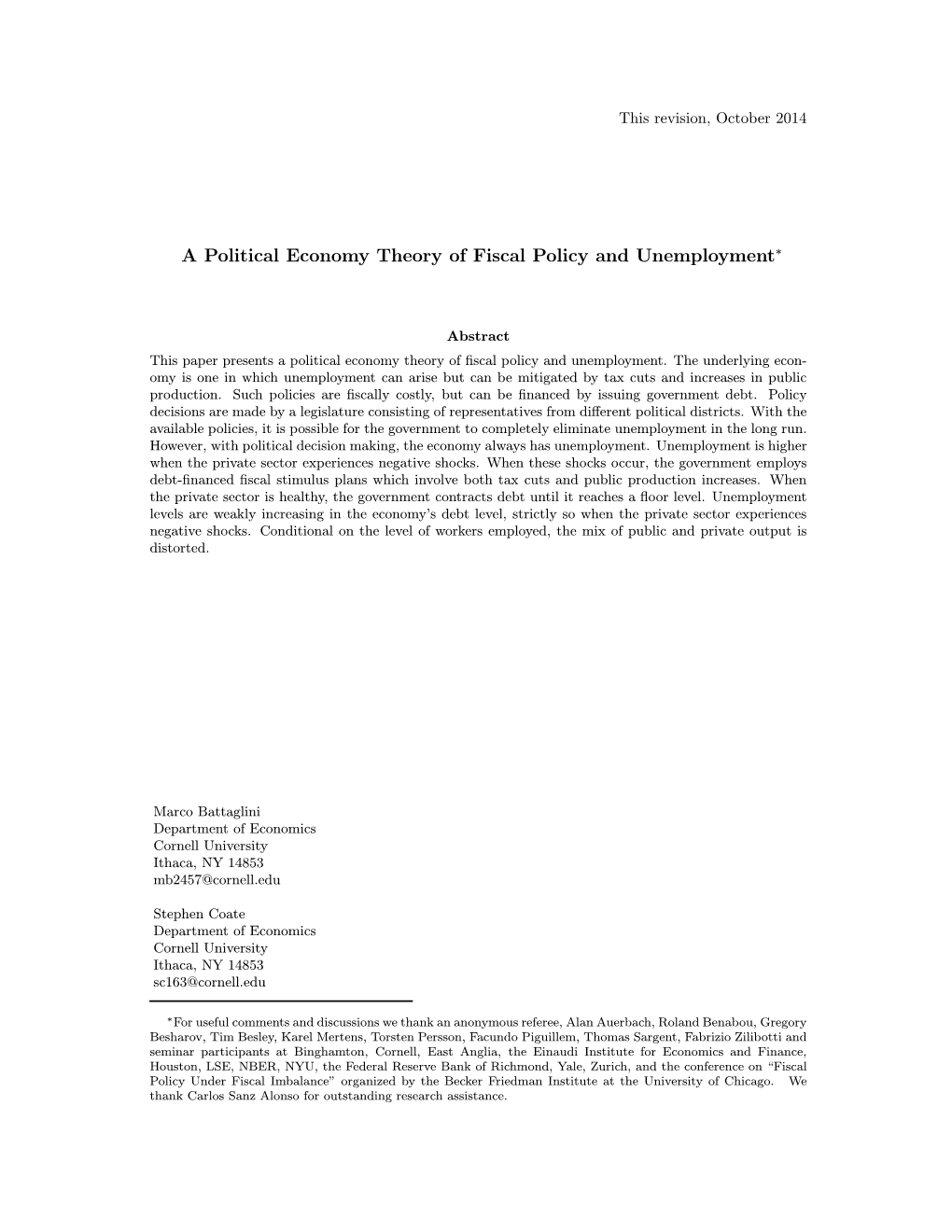 A Political Economy Theory of Fiscal Policy and Unemployment*