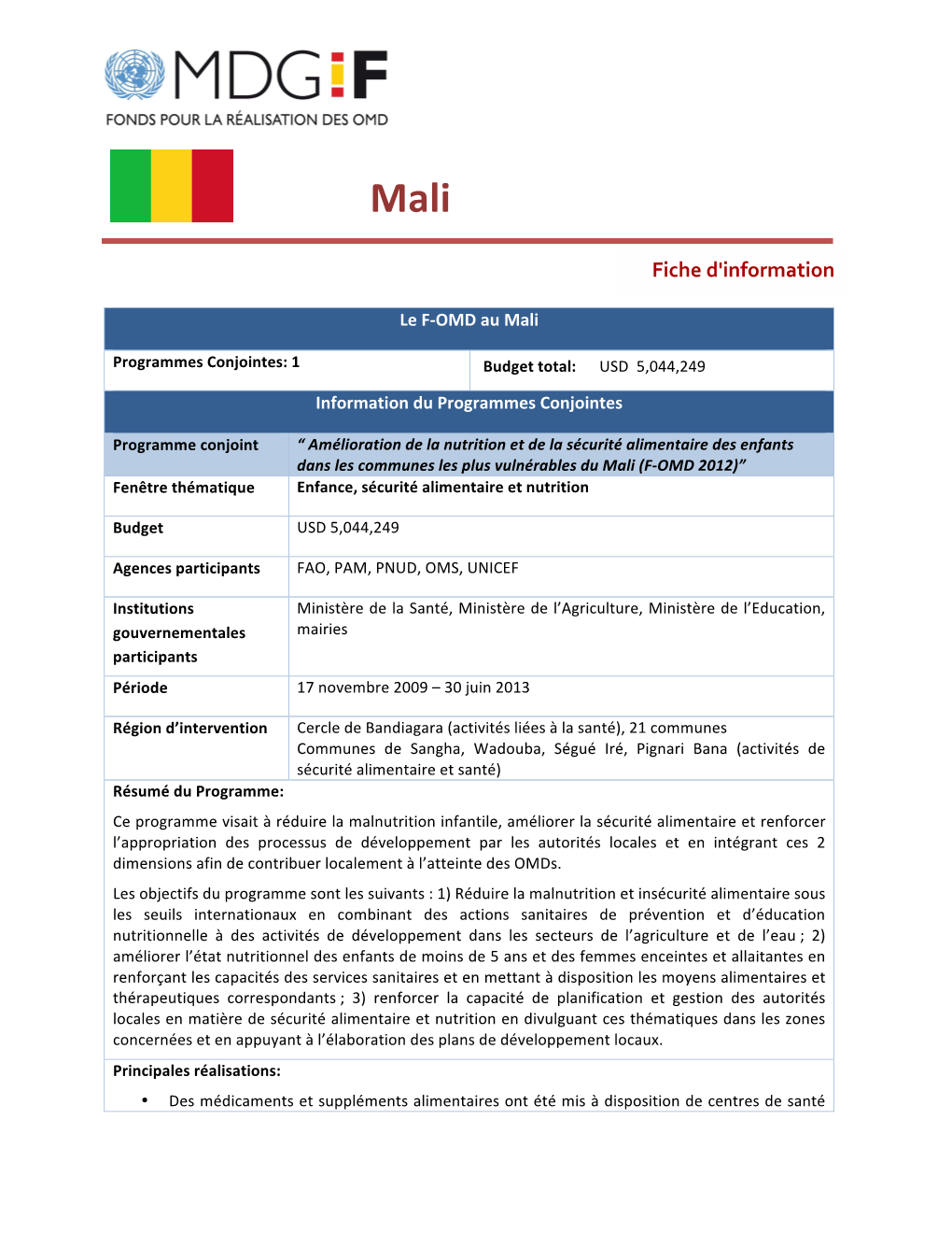 Mali Joint Programme Fact Sheet.Pdf