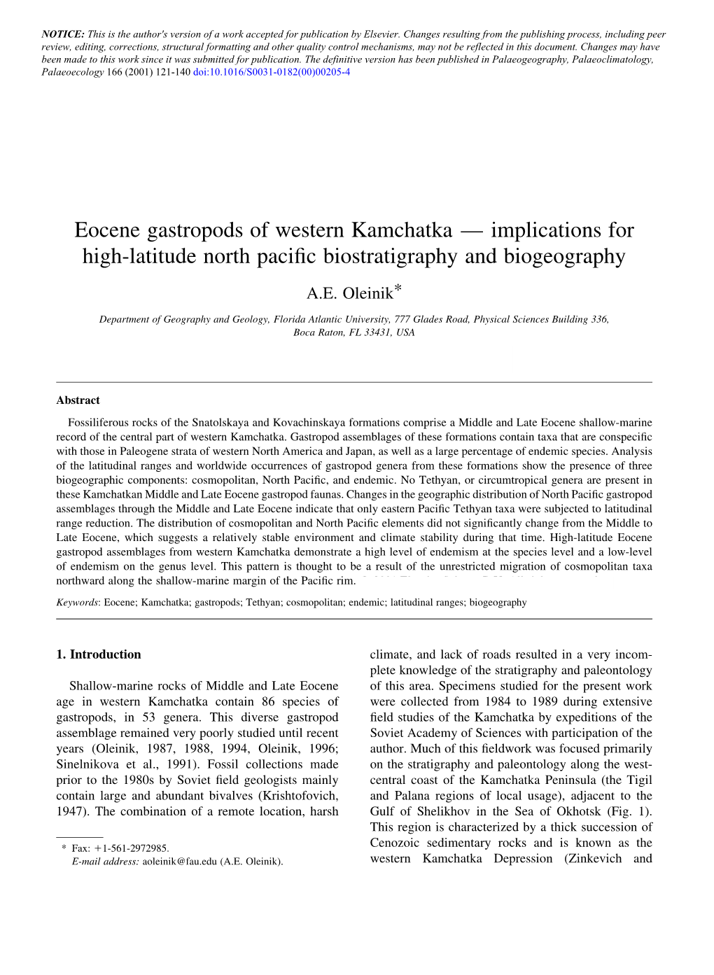 Eocene Gastropods of Western Kamchatka Ð Implications for High-Latitude North Paci®C Biostratigraphy and Biogeography