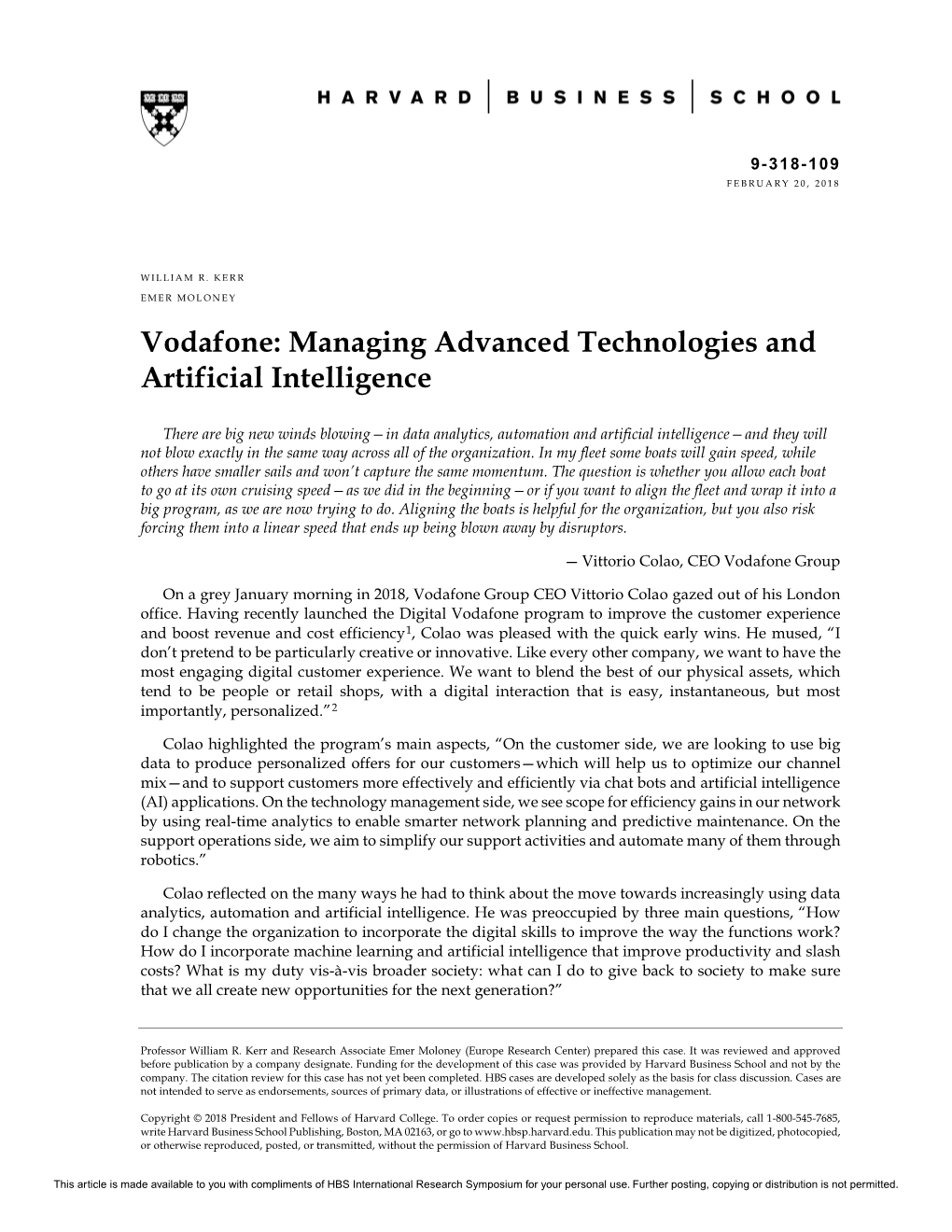 Vodafone: Managing Advanced Technologies and Artificial Intelligence