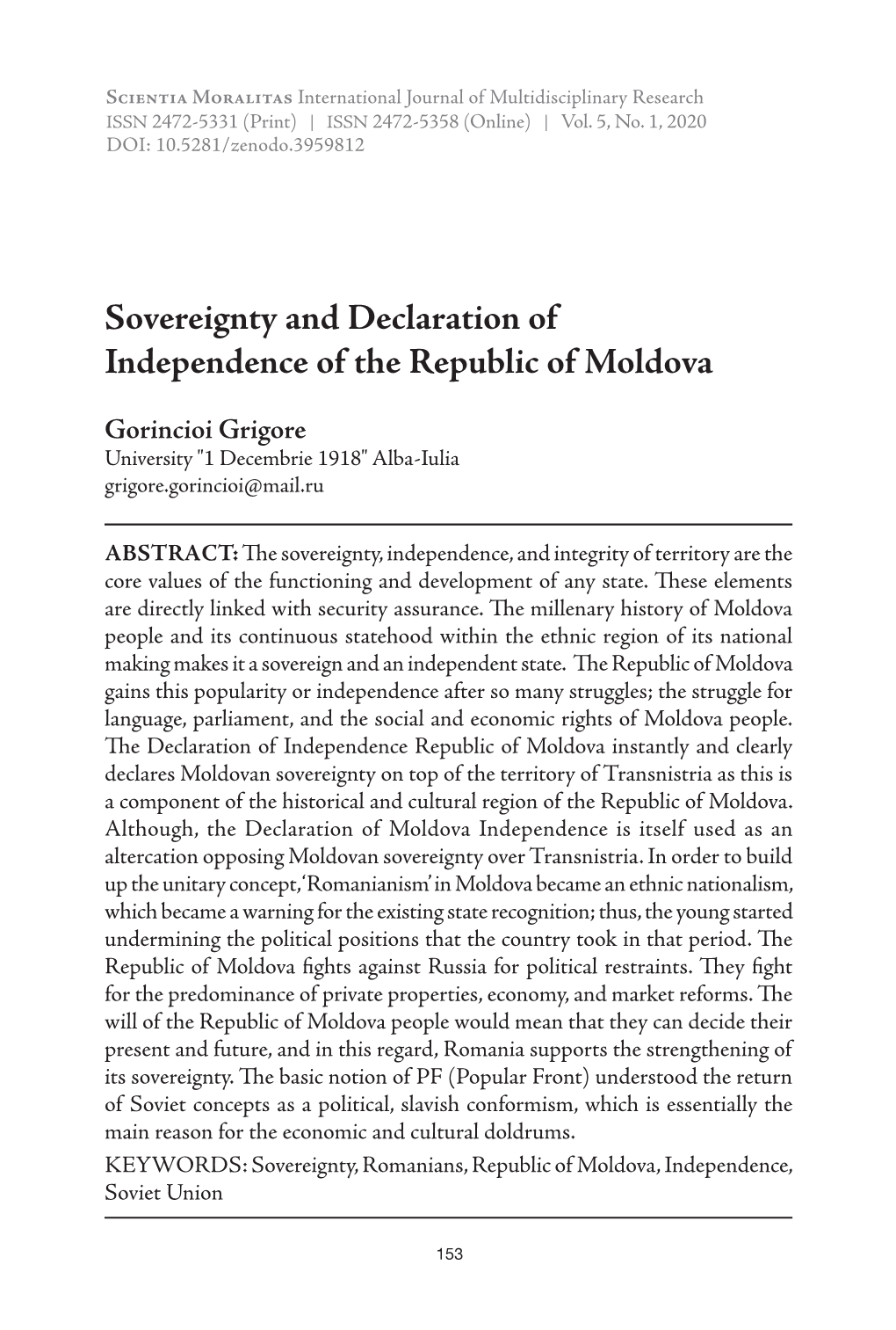Sovereignty and Declaration of Independence of the Republic of Moldova