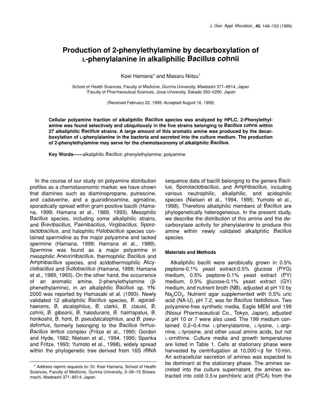 Production of 2-Phenylethylamine by Decarboxylation of L-Phenylalanine in Alkaliphilic Bacillus Cohnii