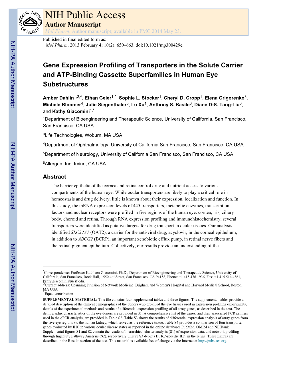 Gene Expression Profiling of Transporters in the Solute Carrier and ATP-Binding Cassette Superfamilies in Human Eye Substructures