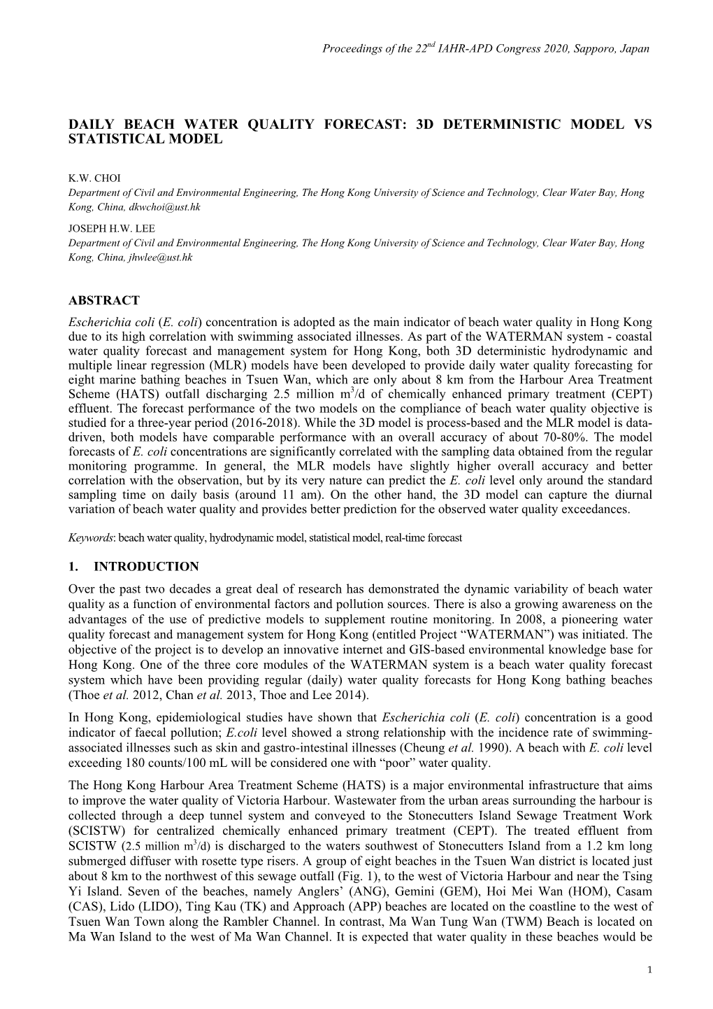 Daily Beach Water Quality Forecast: 3D Deterministic Model Vs Statistical Model