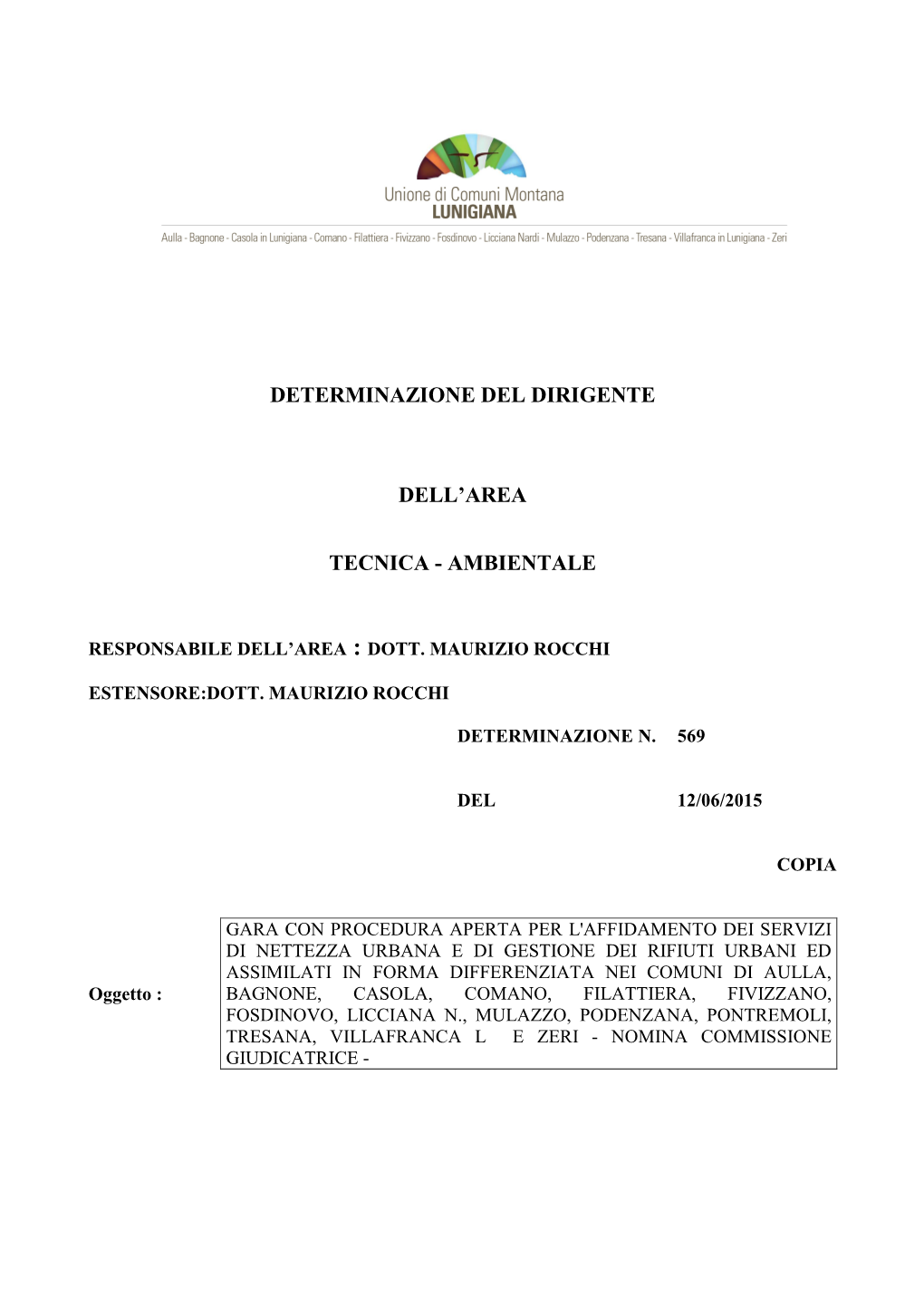 Determinazione Del Dirigente Dell'area Tecnica